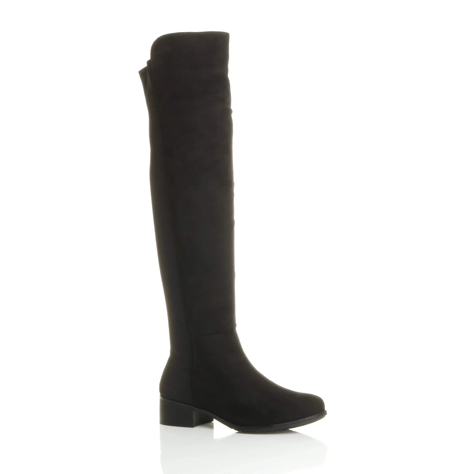 Low Block Heel Elastic Gold Zip Faux Suede Over The Knee Boots