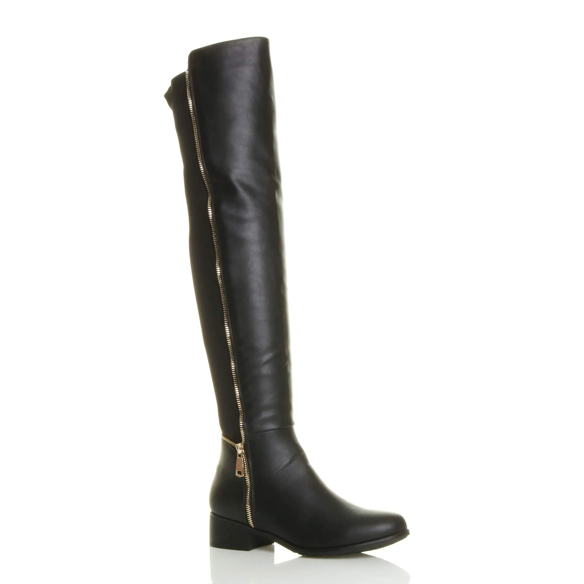 Low Block Heel Elastic Gold Zip Knee High Boots