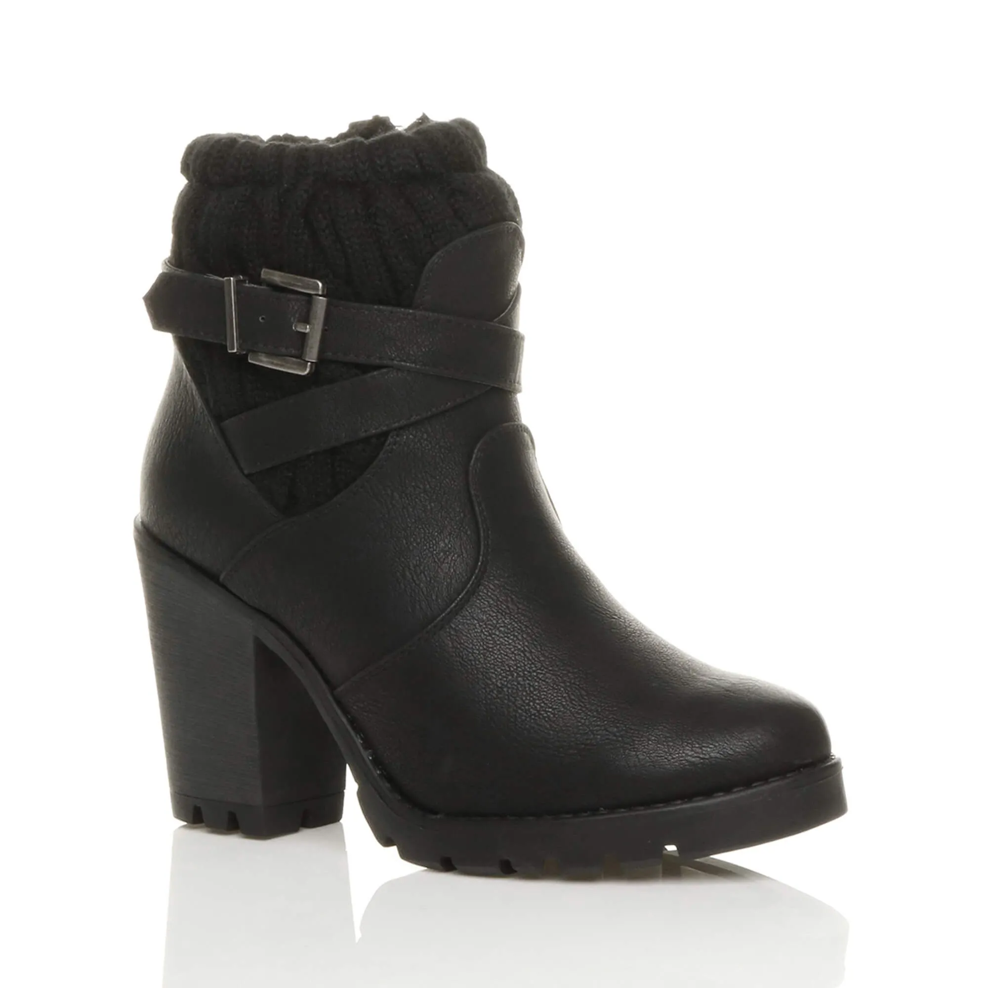 High Block Heel Knitted Collar Biker  Ankle Boots