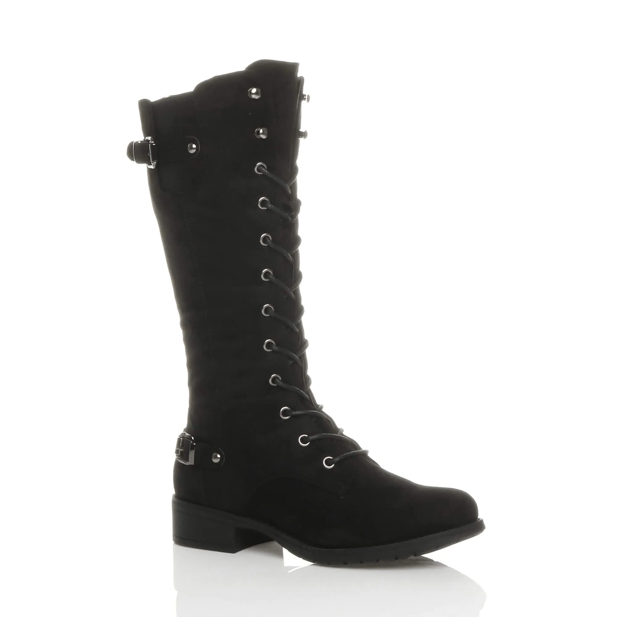 Low Heel Lace Up Calf Military Faux Suede Biker Boots