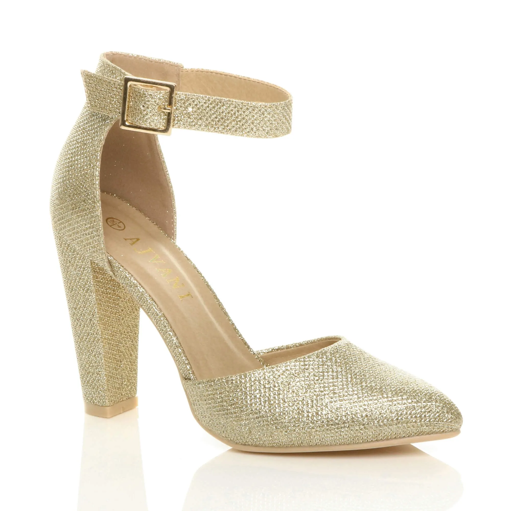 High Block Heel Ankle Strap Pointed Toe Glitter Mesh 2 Part Heels