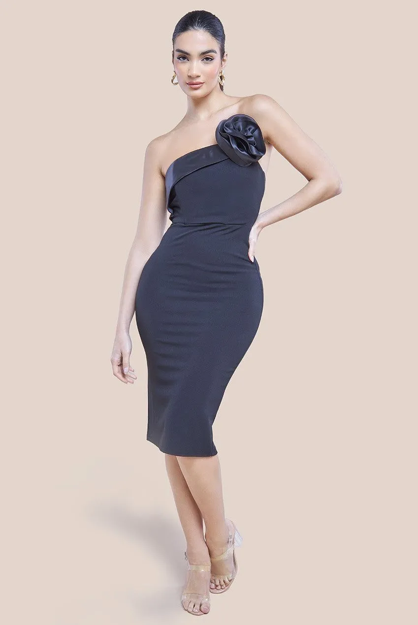 Satin Corsage Scuba Crepe Midi Dress