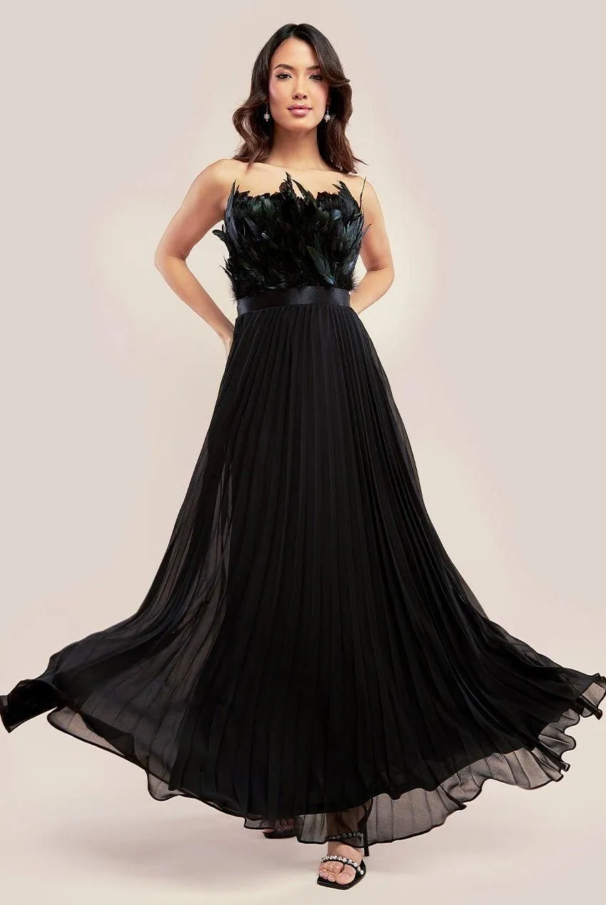 Feather Off The Shoulder Pleated Evening Maxi Dress