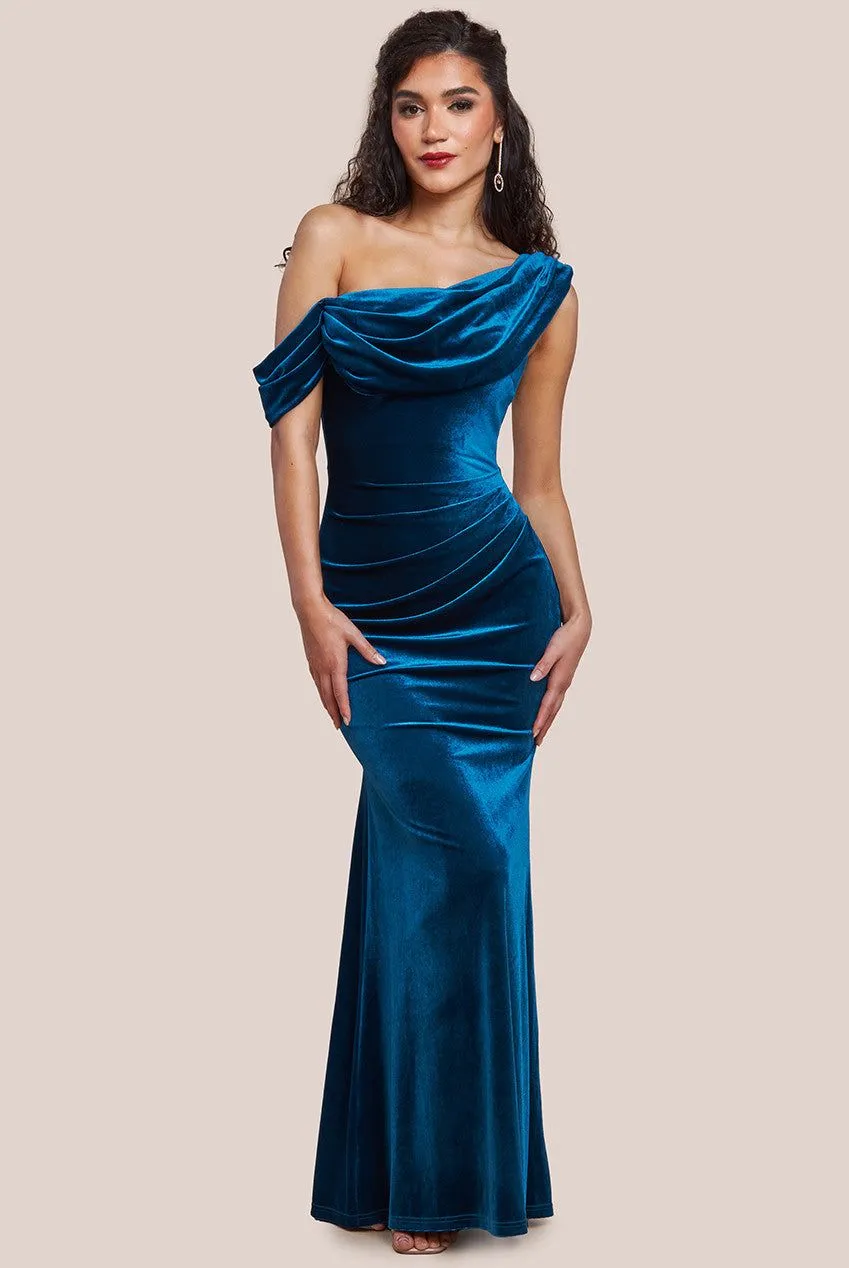 Cowl One Shoulder Velvet Maxi Dress
