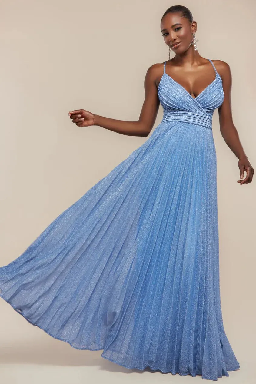 Sleeveless Pleated A Line Lurex Maxi Dress