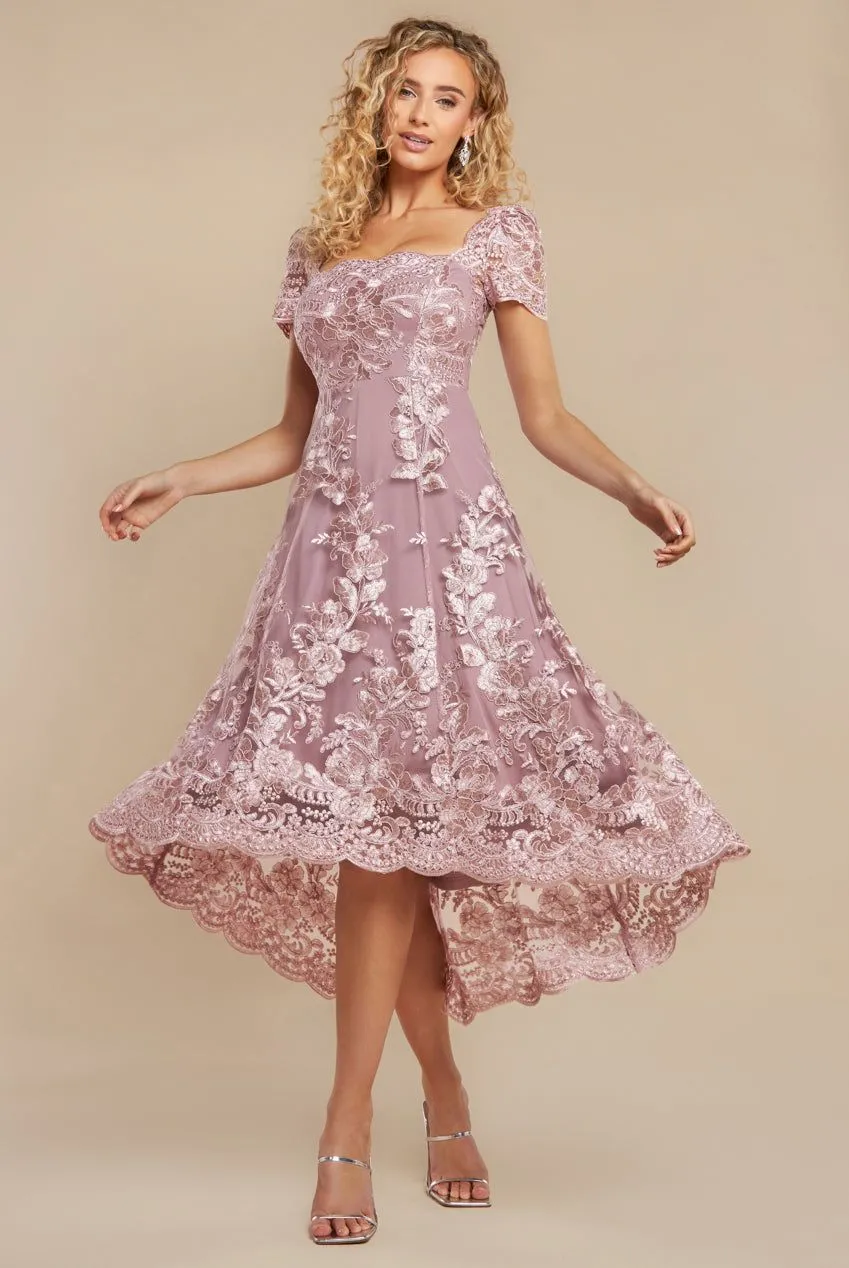 Scalloped Neck Embroidered Lace High Low Midi Dress