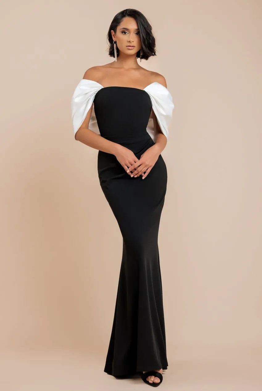 Contrast Off Shoulder Back Satin Bow Scuba Maxi Dress
