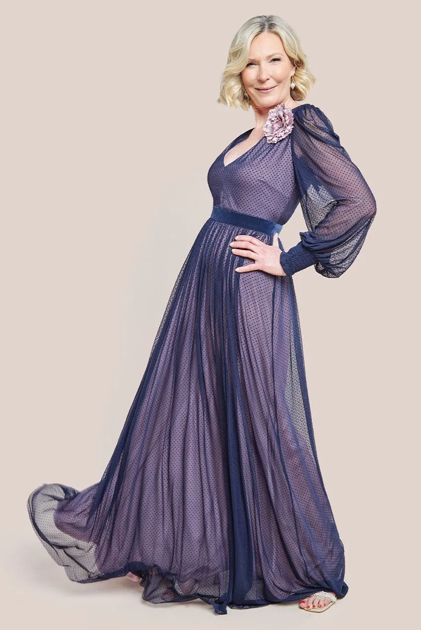 Corsage V Neck Dobby Mesh Maxi Dress
