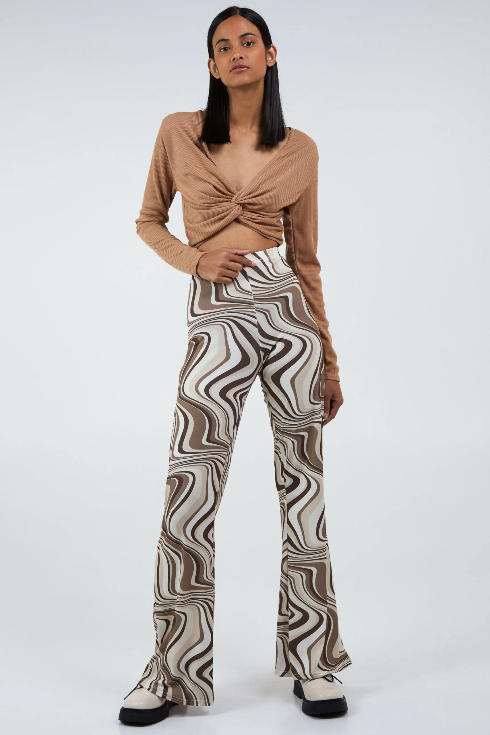 Camel Knot Front Long Sleeve Ribbed Top