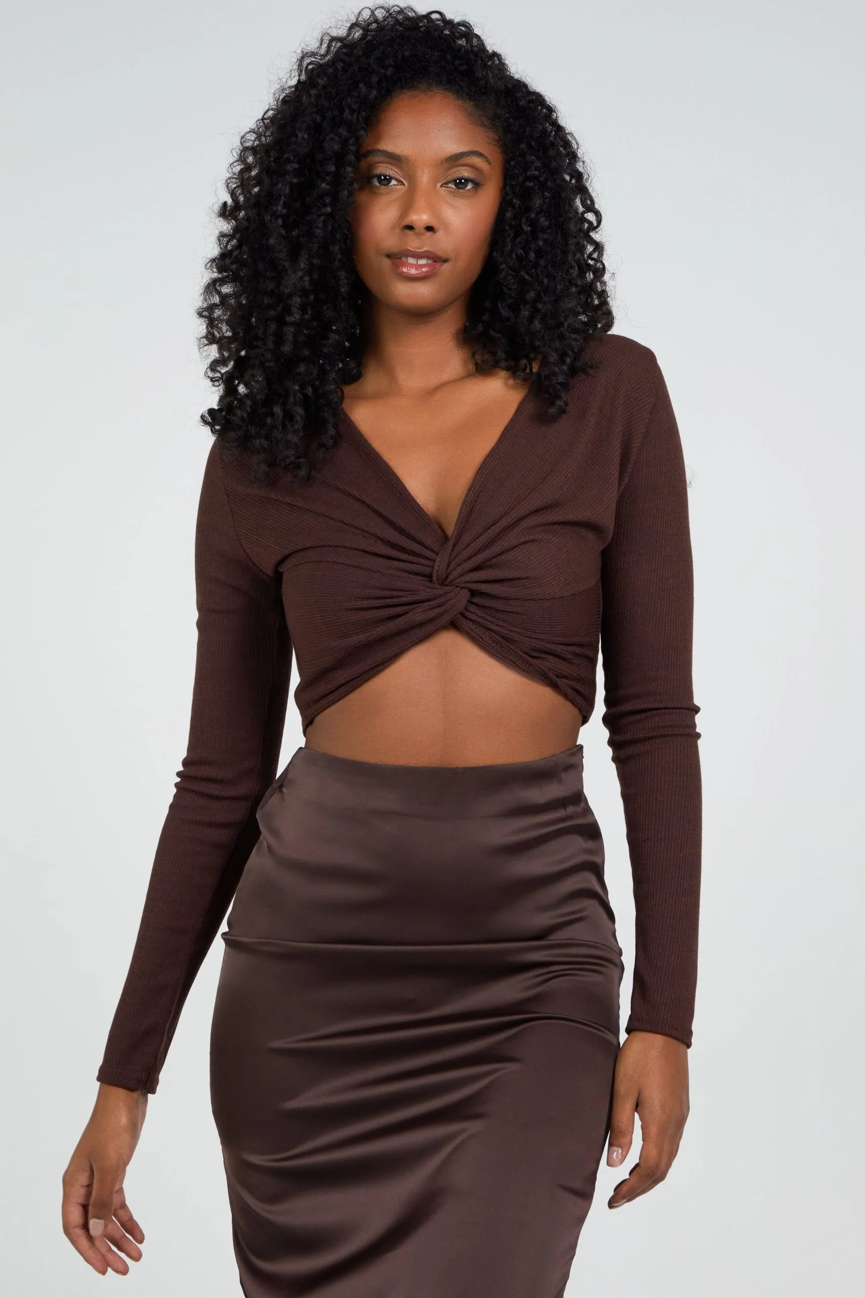 Brown Knot Front Long Sleeve Ribbed Top