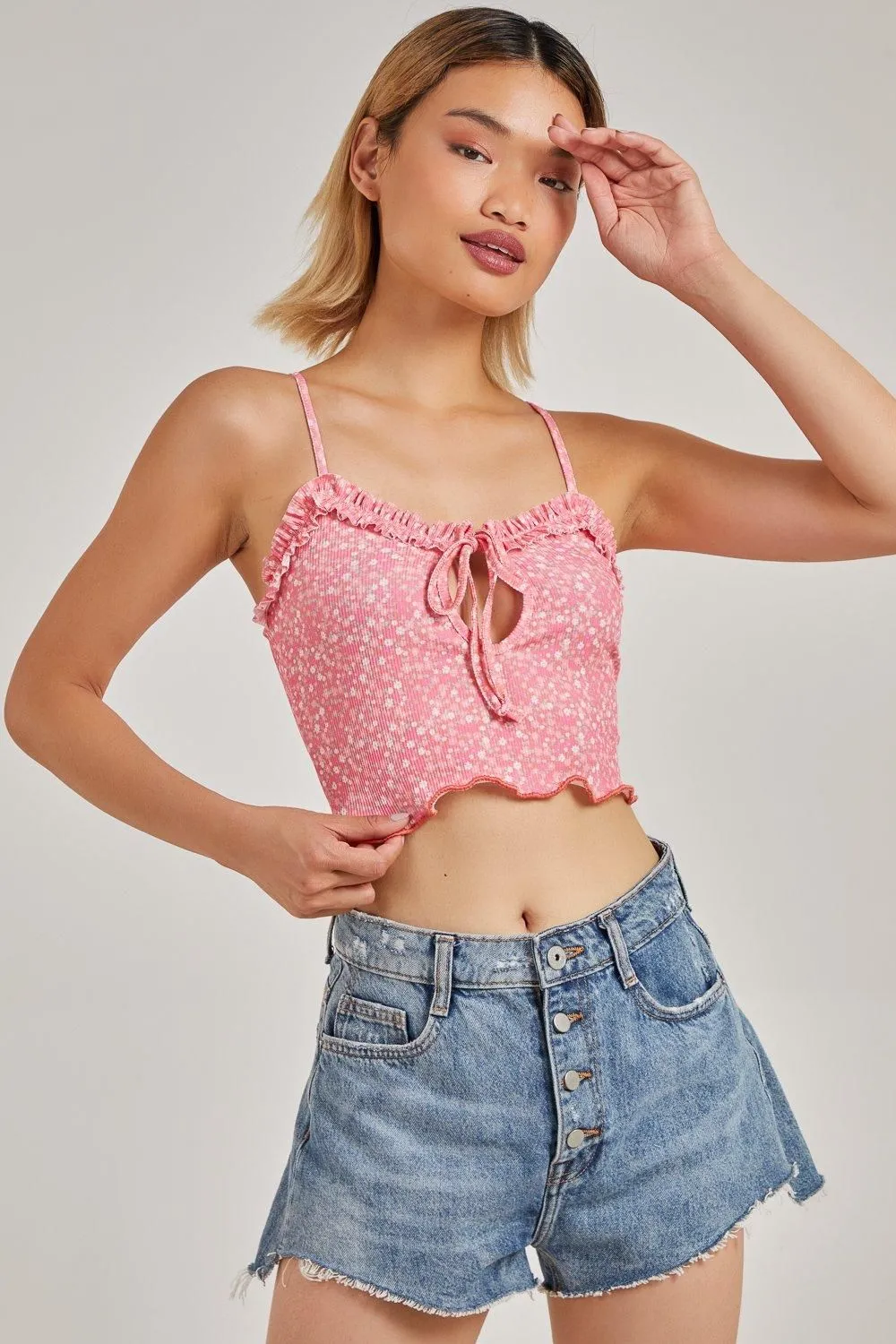 Frill Detail Ribbed Floral Crop Top
