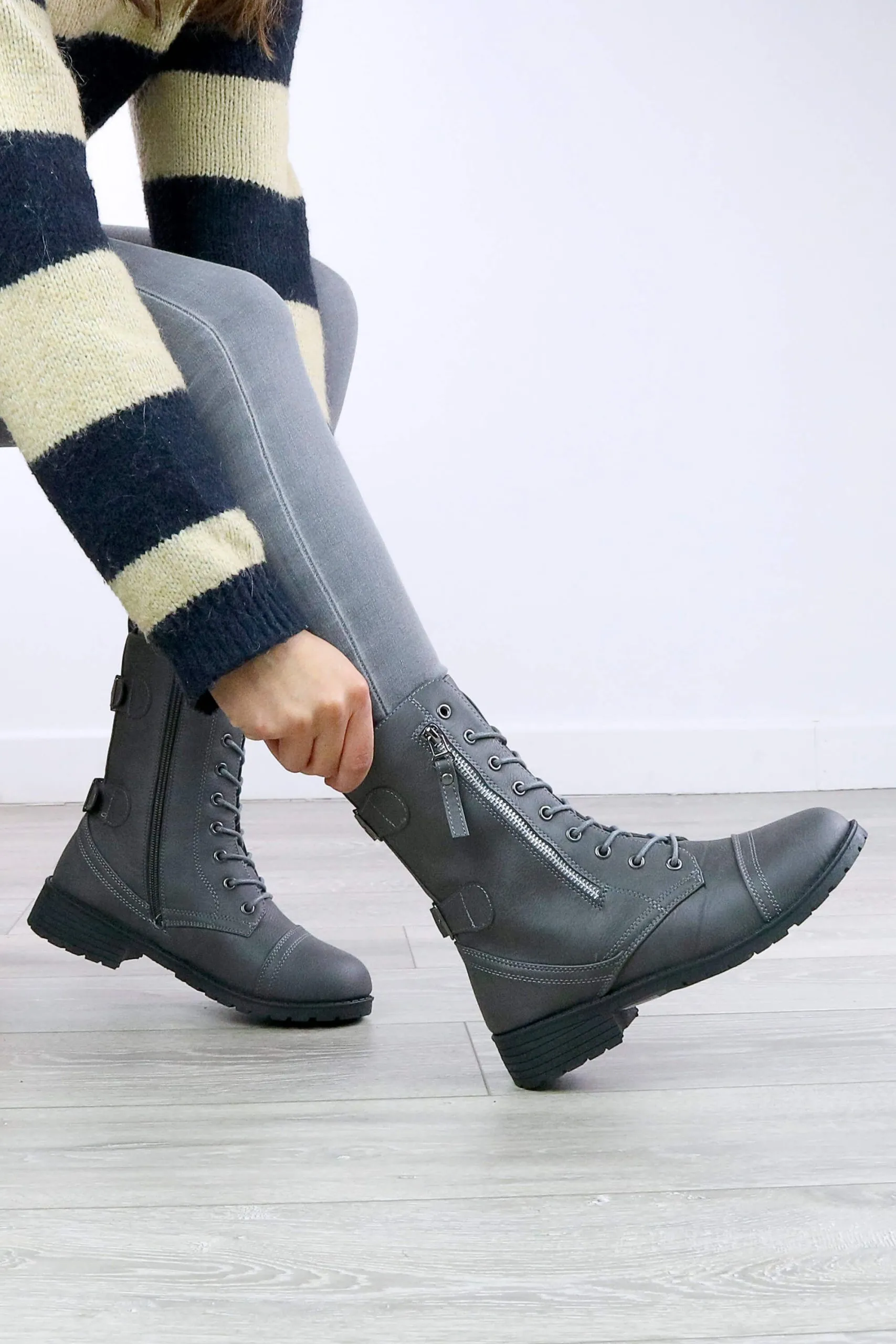 Low  Heel Zip Military Ankle  Biker Boots