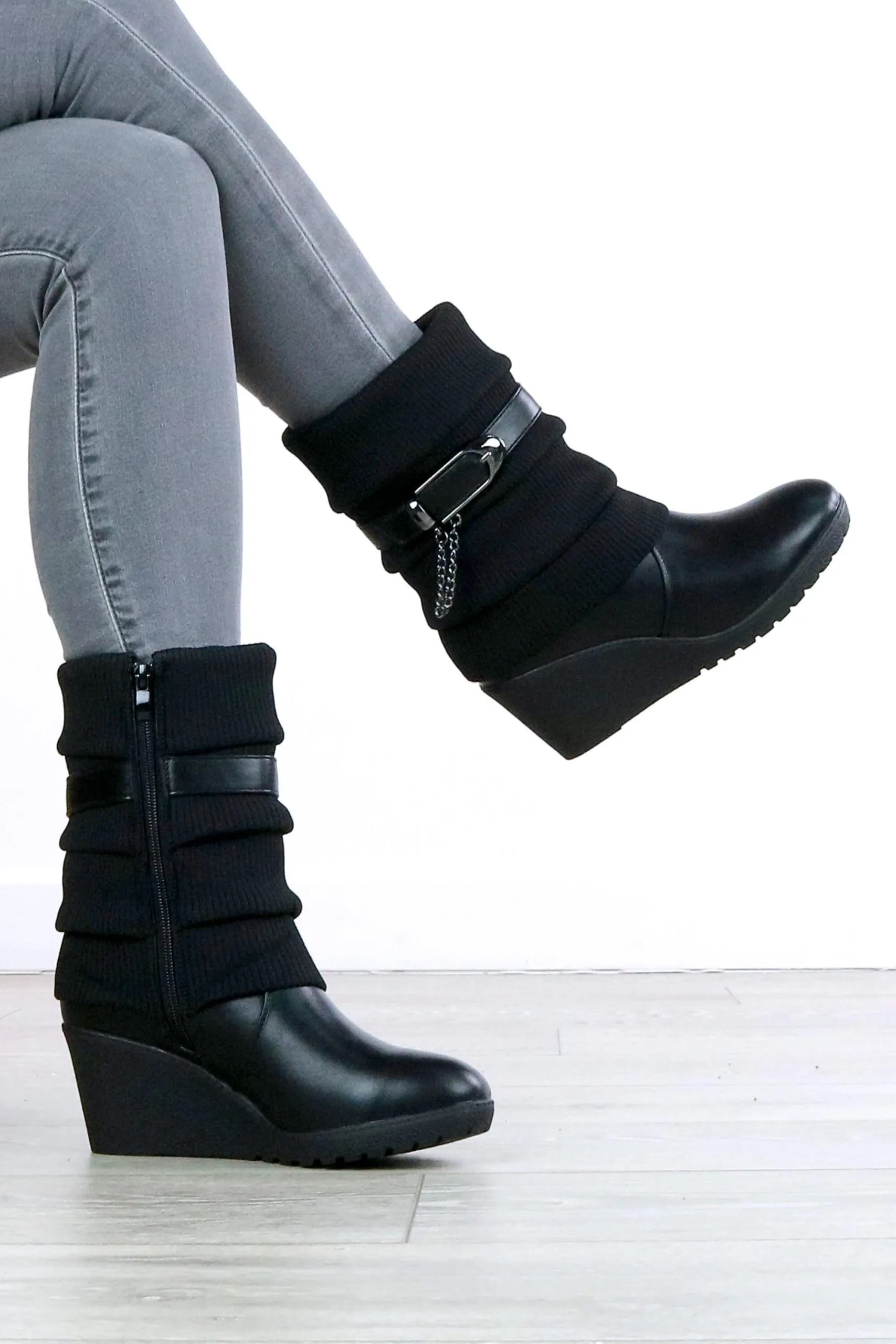 Mid Wedge Heel Slouch Ankle Sock Boots