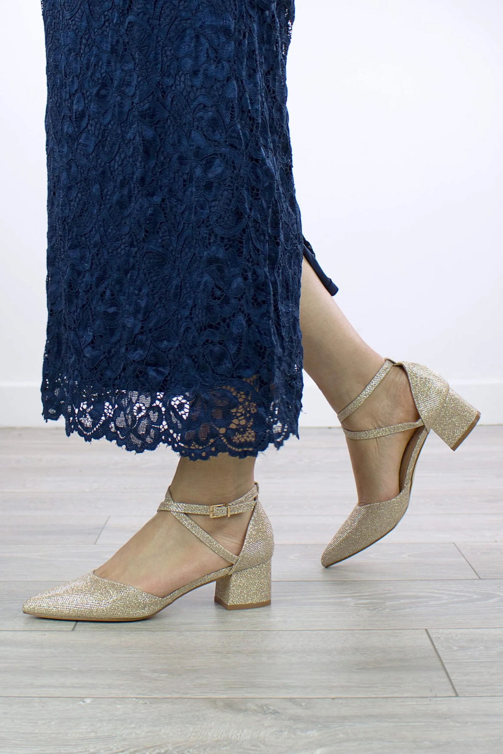 Mid Block Heel Glitter Pointed Toe Evening Party  Strappy Heels