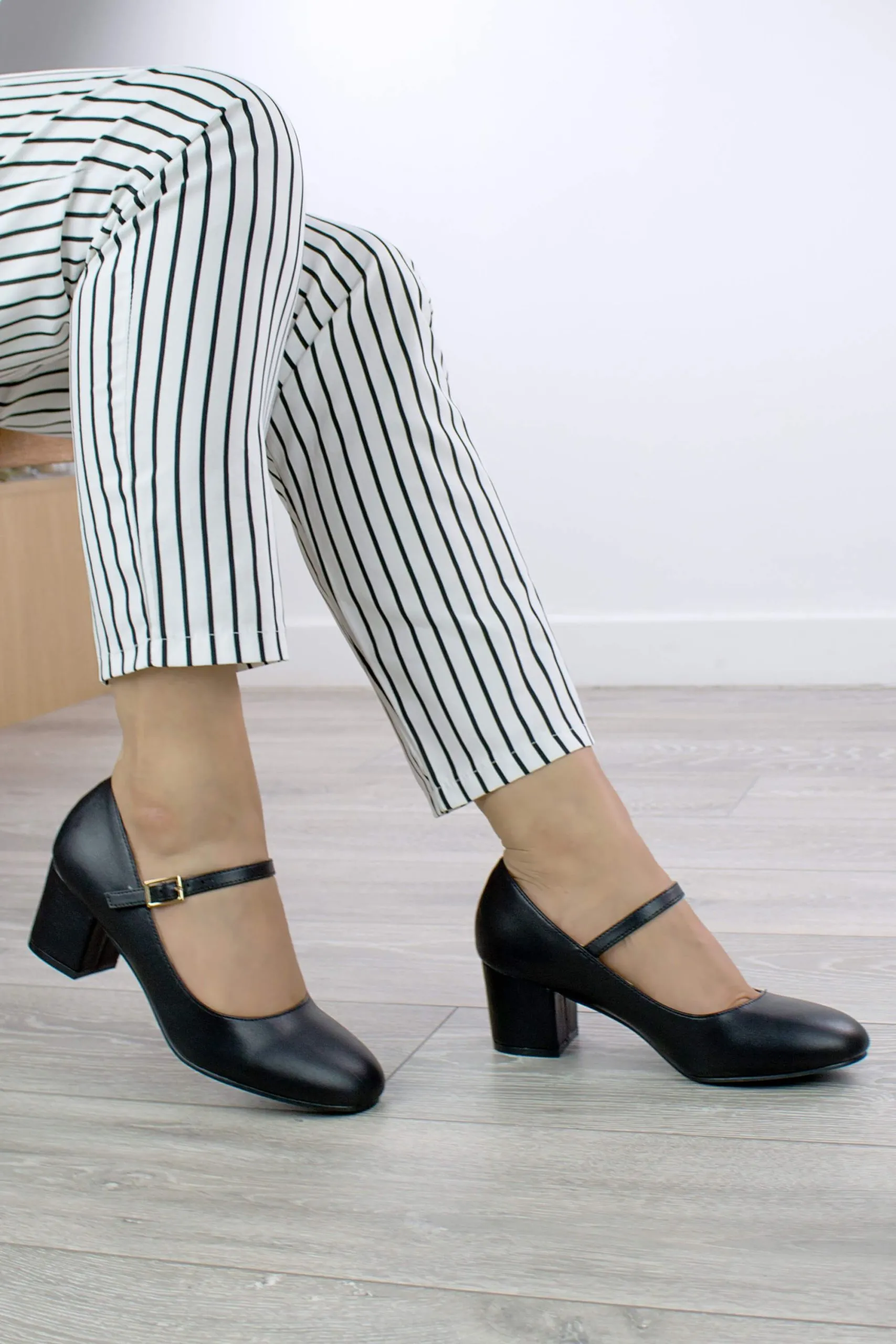 Mid Block Heel Mary Jane Comfort Faux Leather Court Shoes