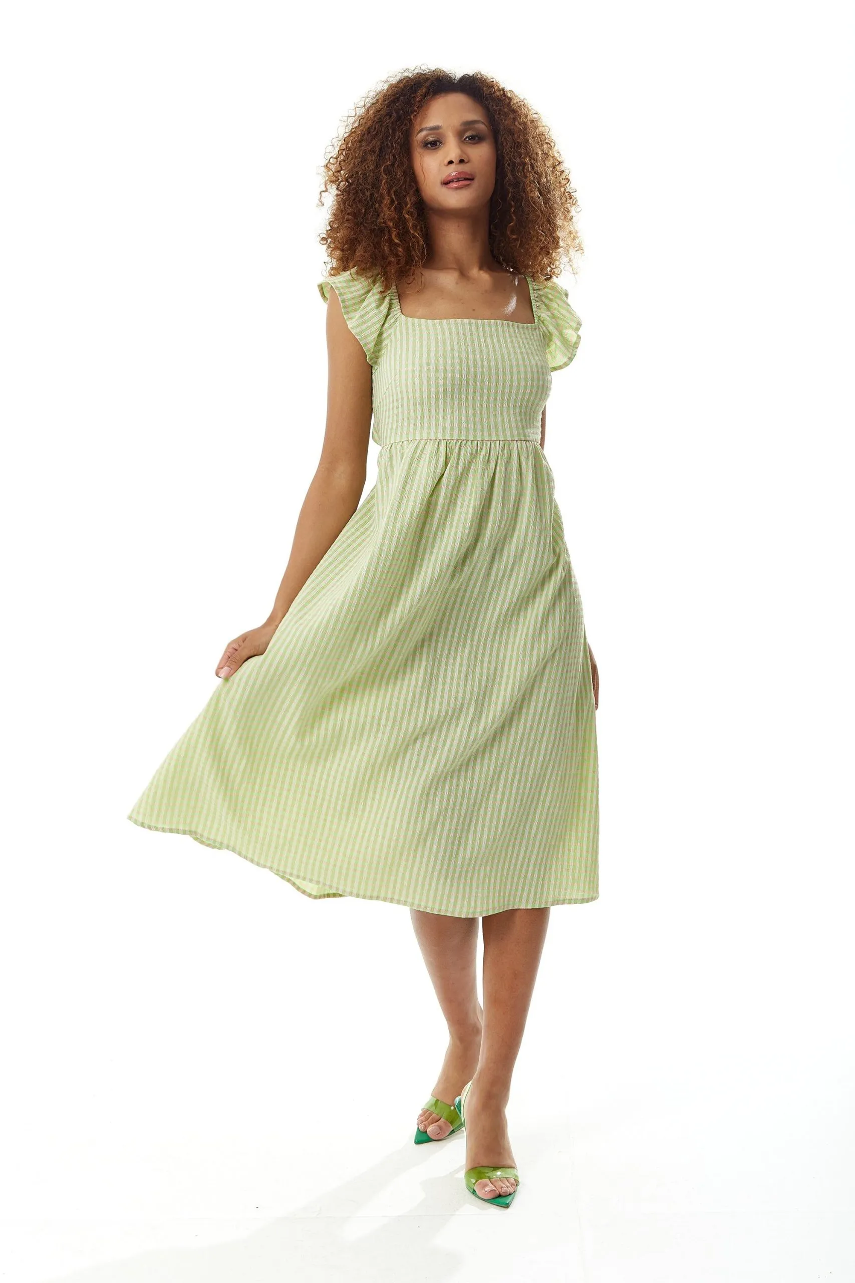 Cut out back Midi Dress in Green Gingham