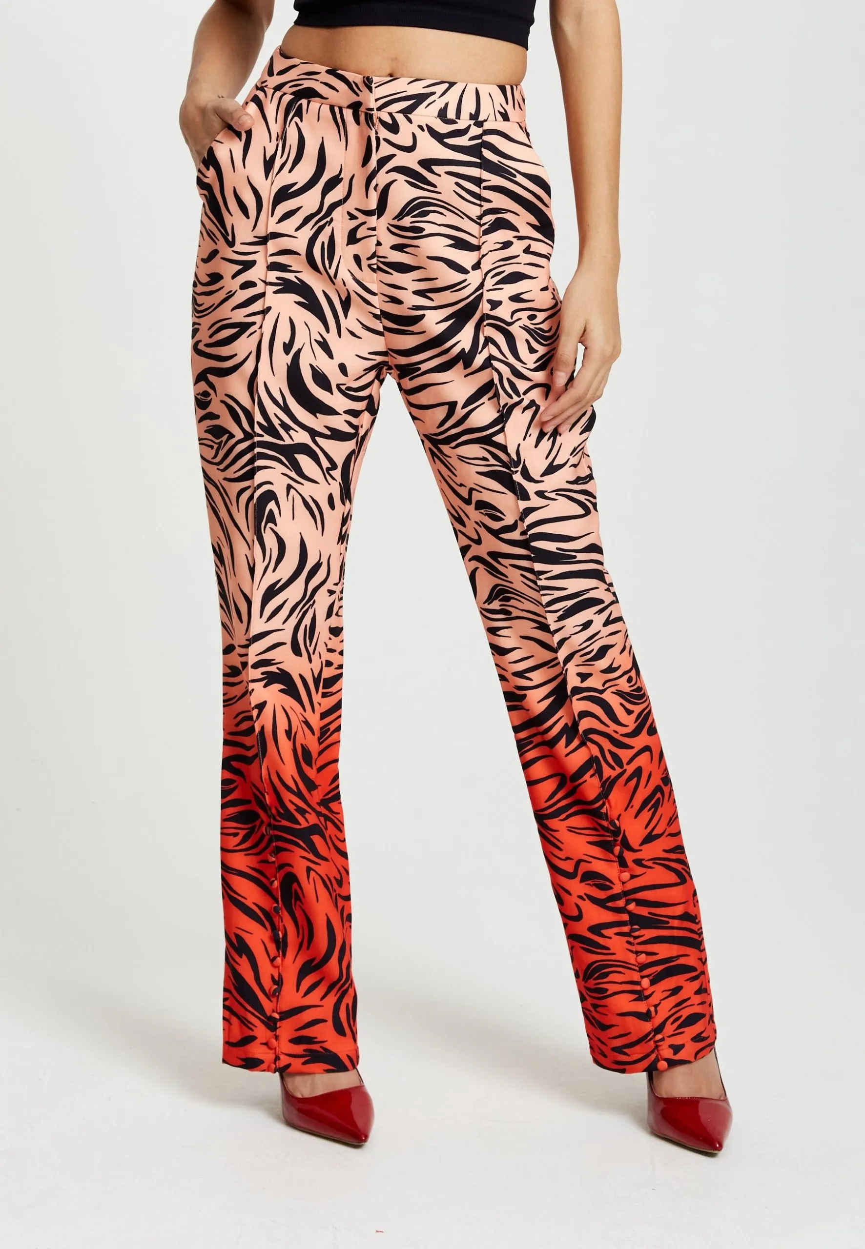 Zebra Print Suit Trousers With Slit Detail In Orange And Nude
