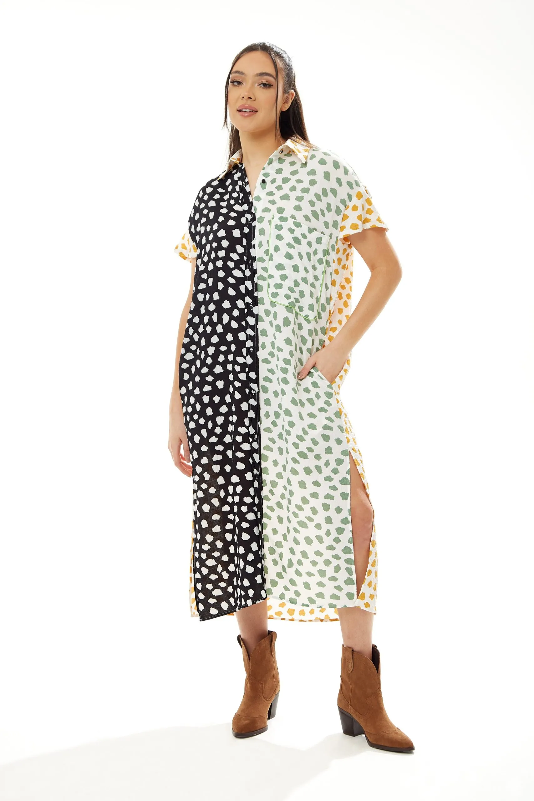 Animal Print Oversized Shirt Dress with Yellow Collar