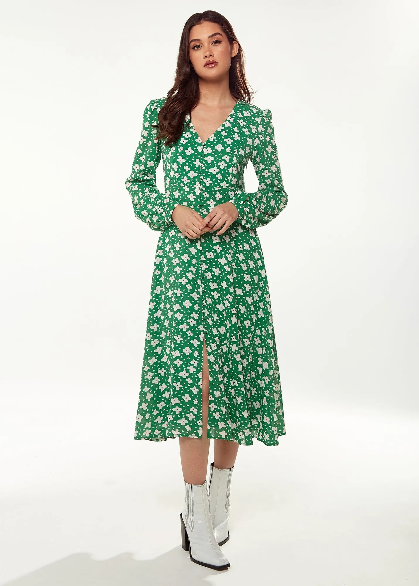 Floral & Heart Print Midi Dress In Green