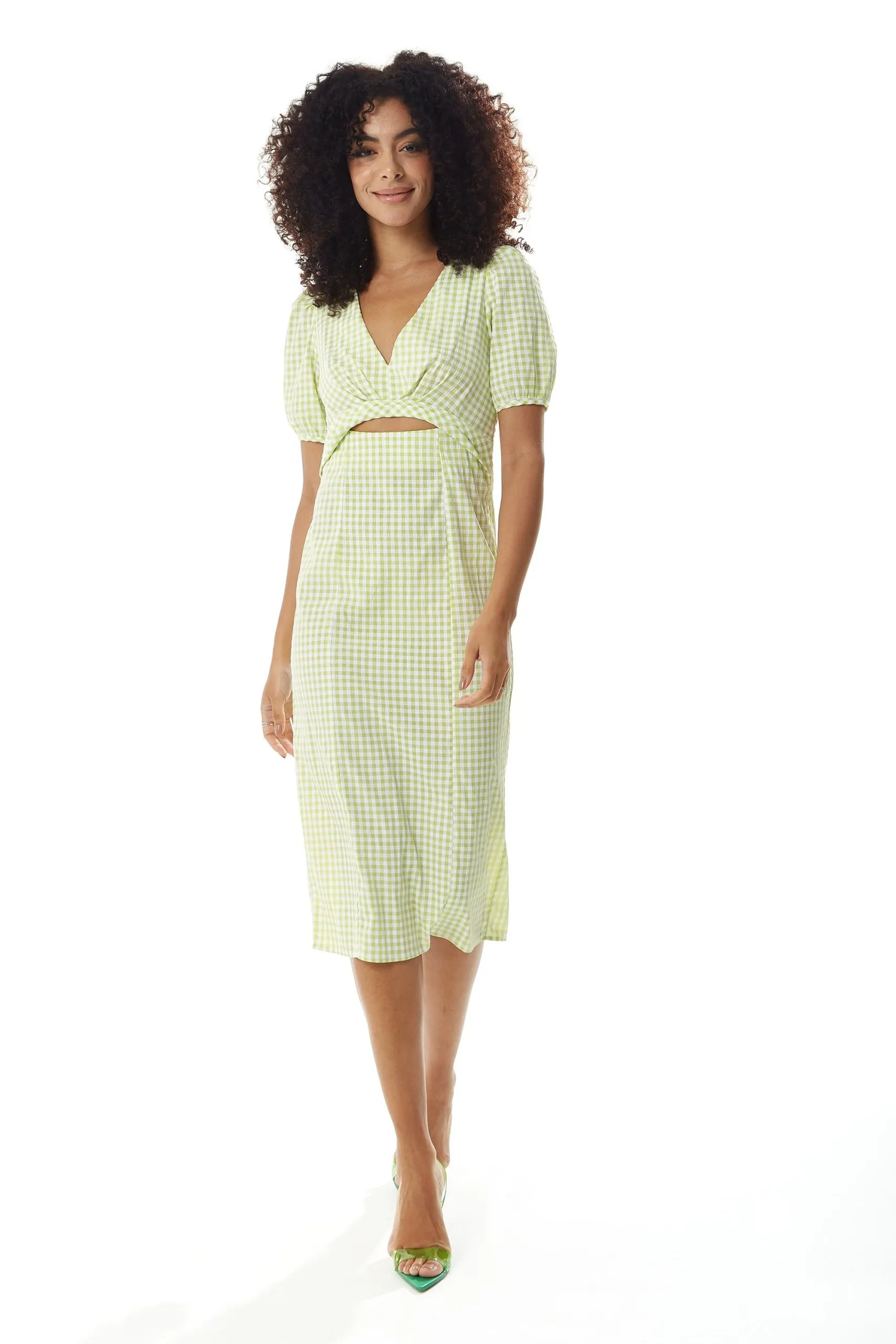 Gingham Cut out front Midi Dress in Green and White