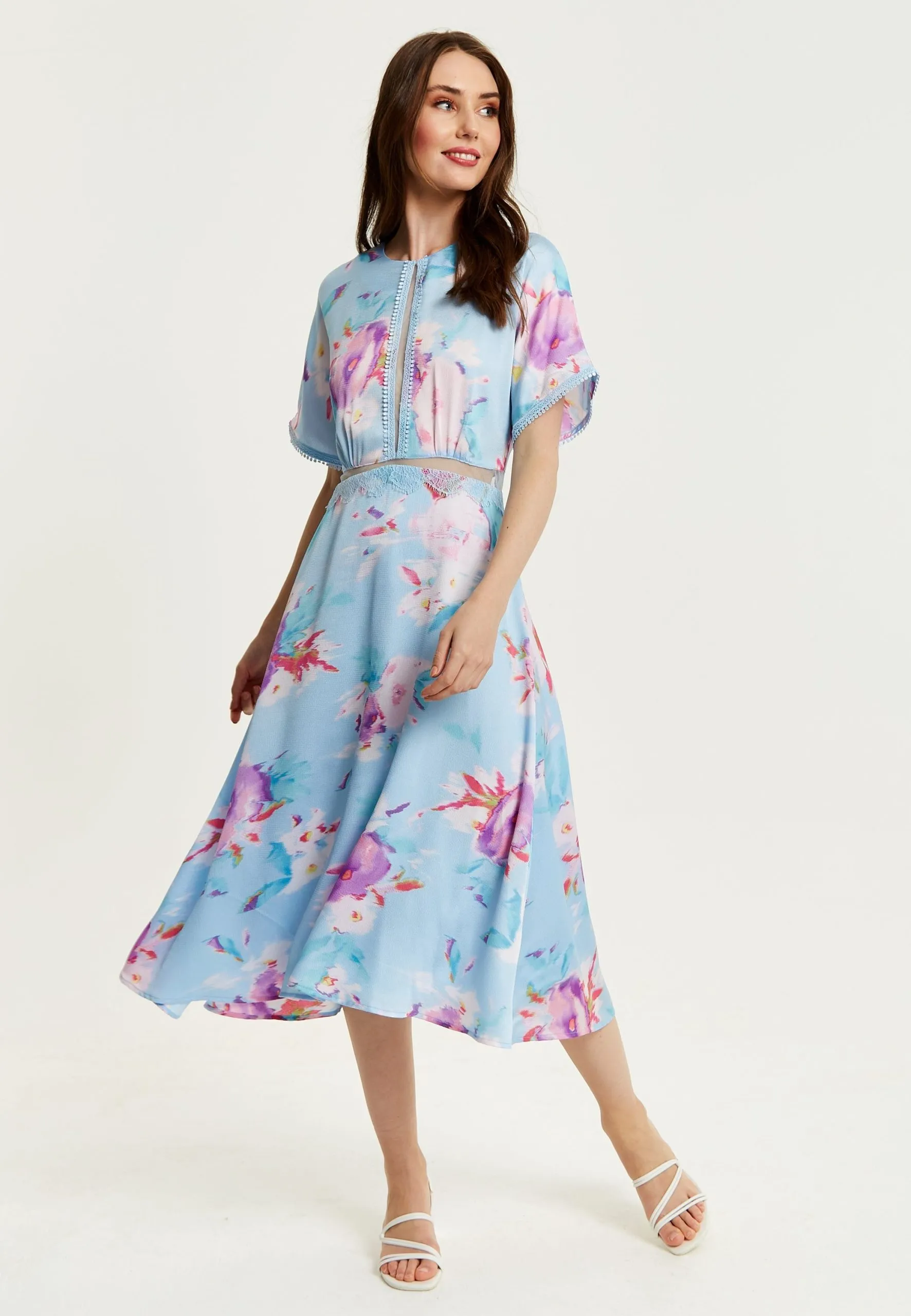 Midi Floral Print Dress With Mesh Detail In Blue