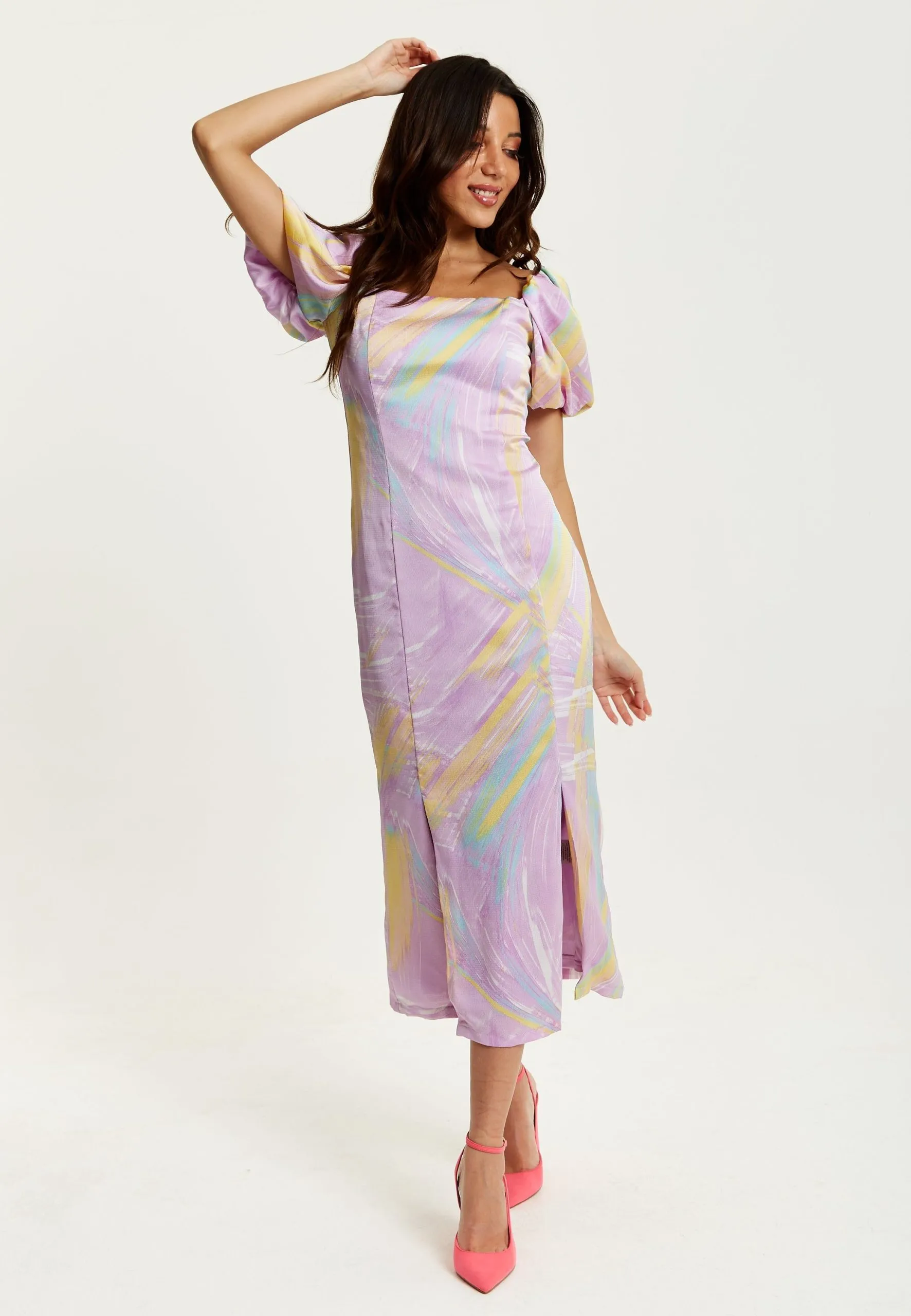 Midi Square Neck, Brush Stroke Print Dress In Lilac
