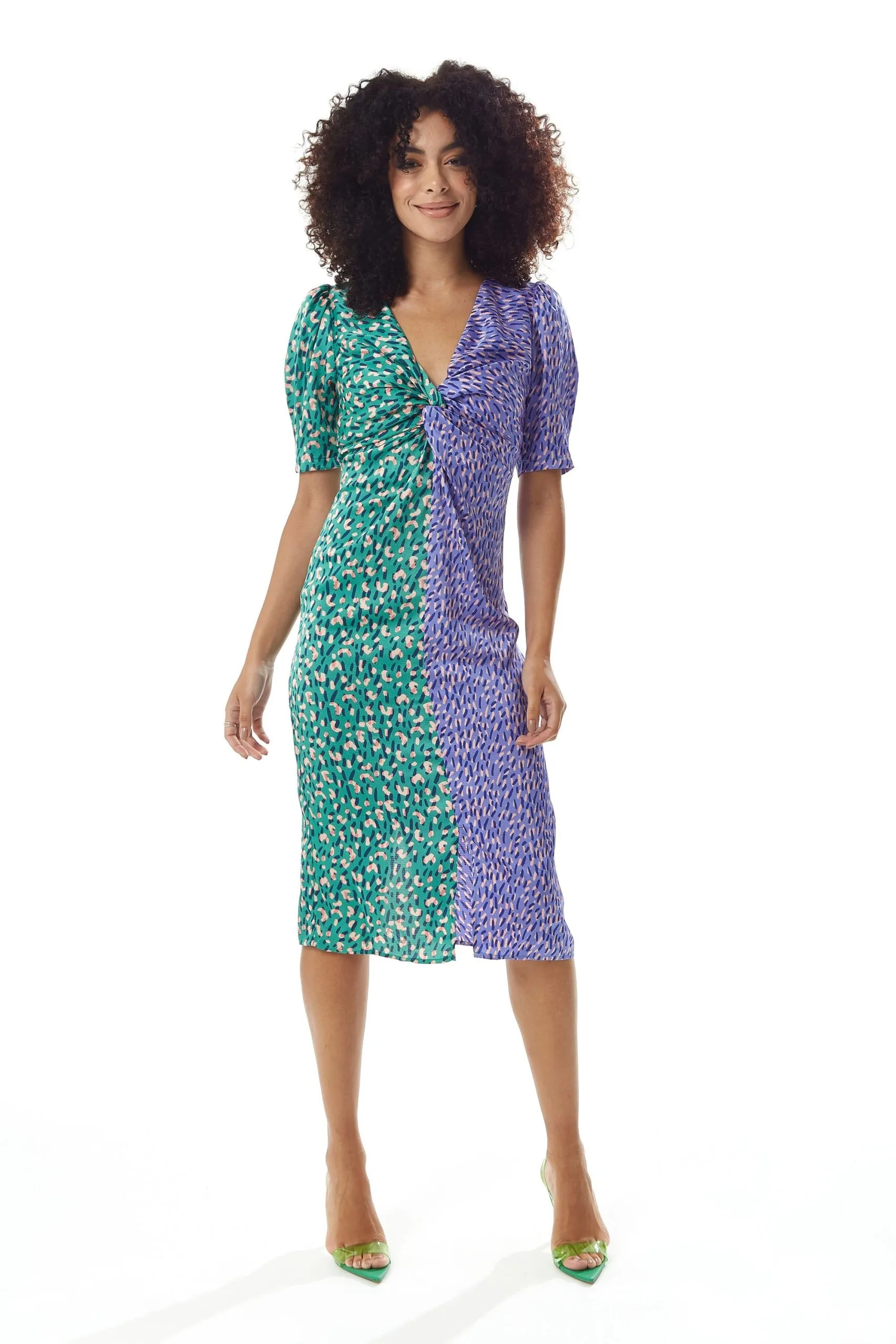 Green and Purple Abstract Print Knot Front Midi Dress