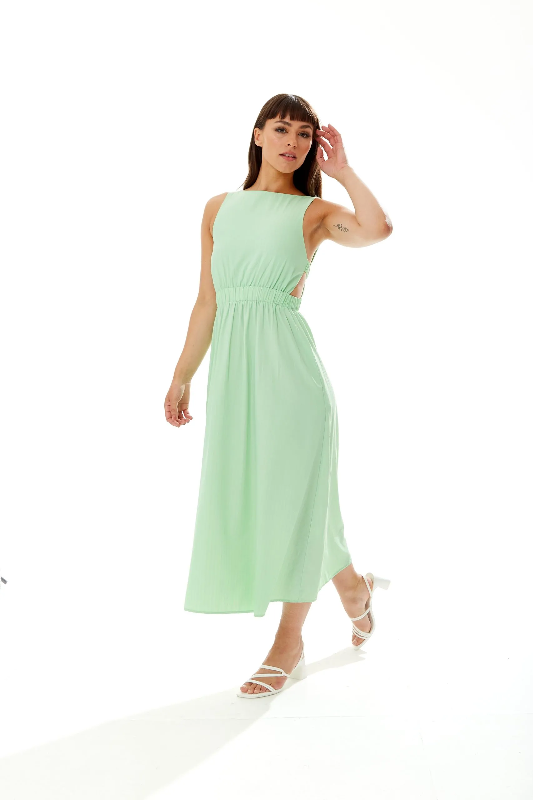 Green  Midi Dress with Open Back and Elasticated Waist