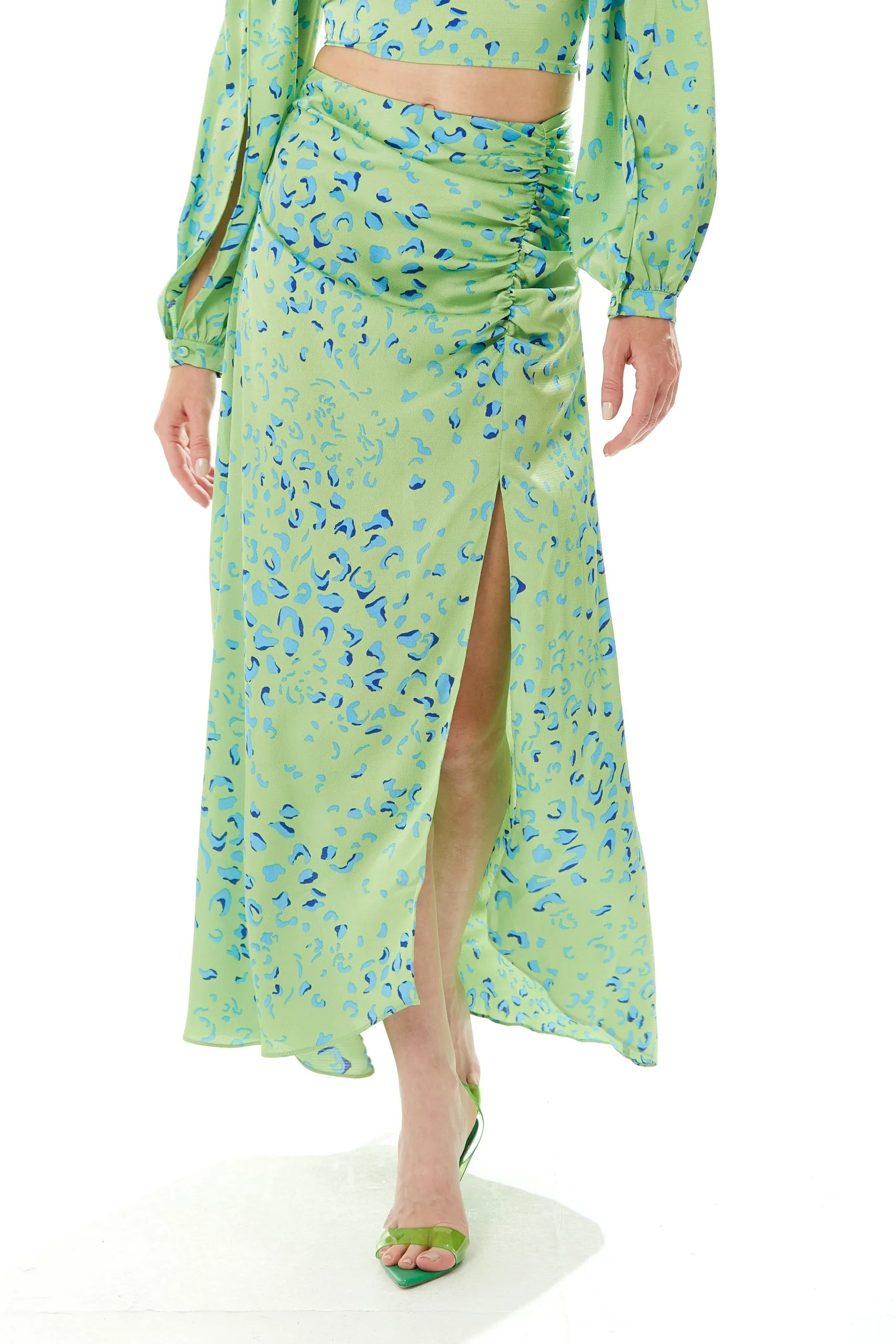 Gathered Front Maxi Skirt With a Slit in Green Animal