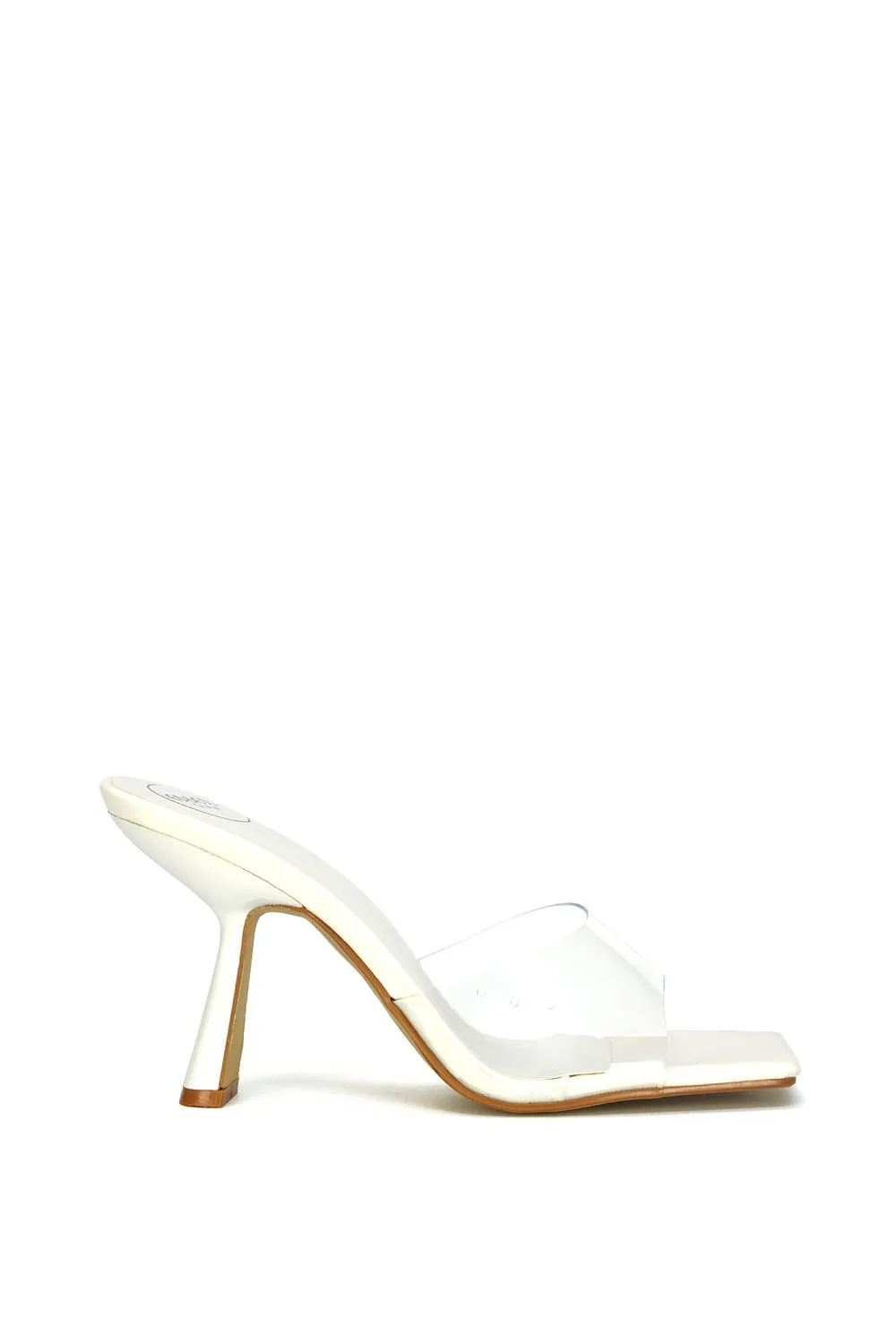 'Lacie' Square Toe Thin Block High Heel Mule Sandals With Perspex Strap