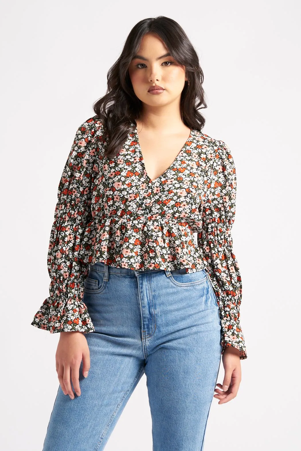 Floral Ruched Sleeve Top