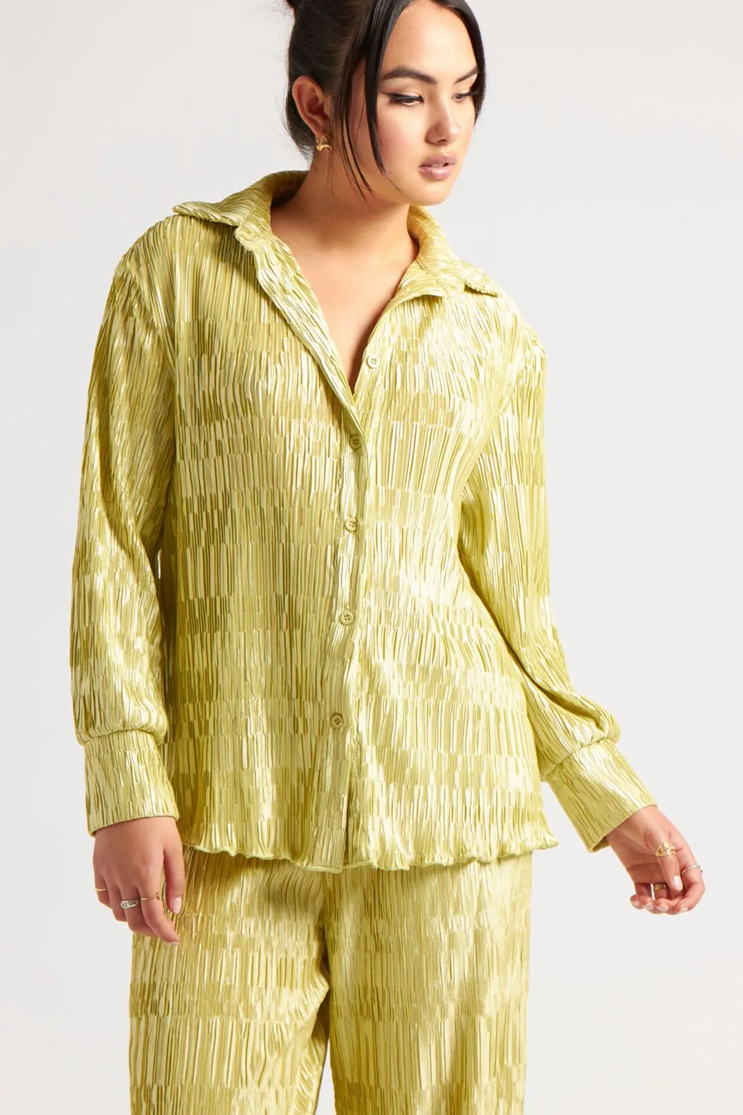 Green Textured Plisse Oversized Shirt