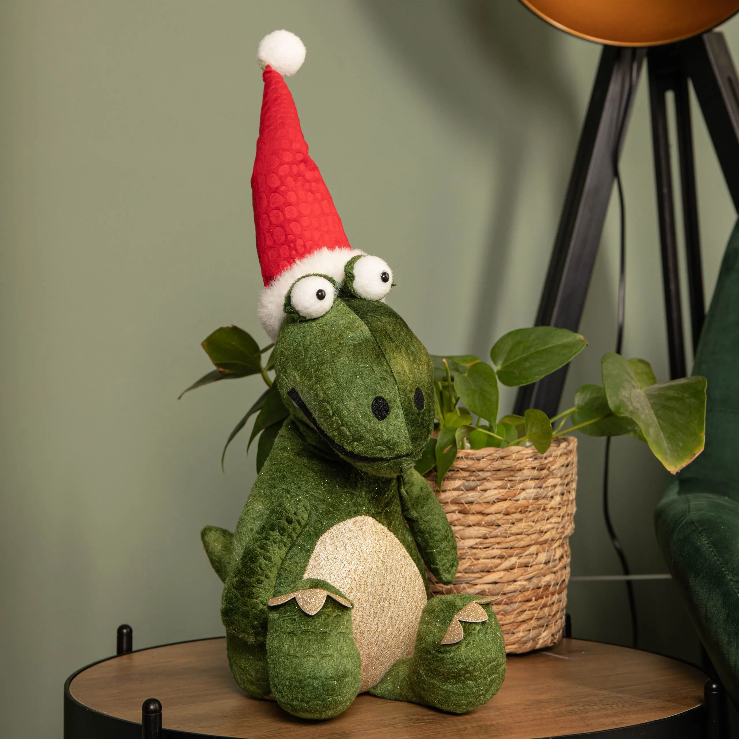 48cm Green Sitting Christmas Dinosaur with Santa Hat
