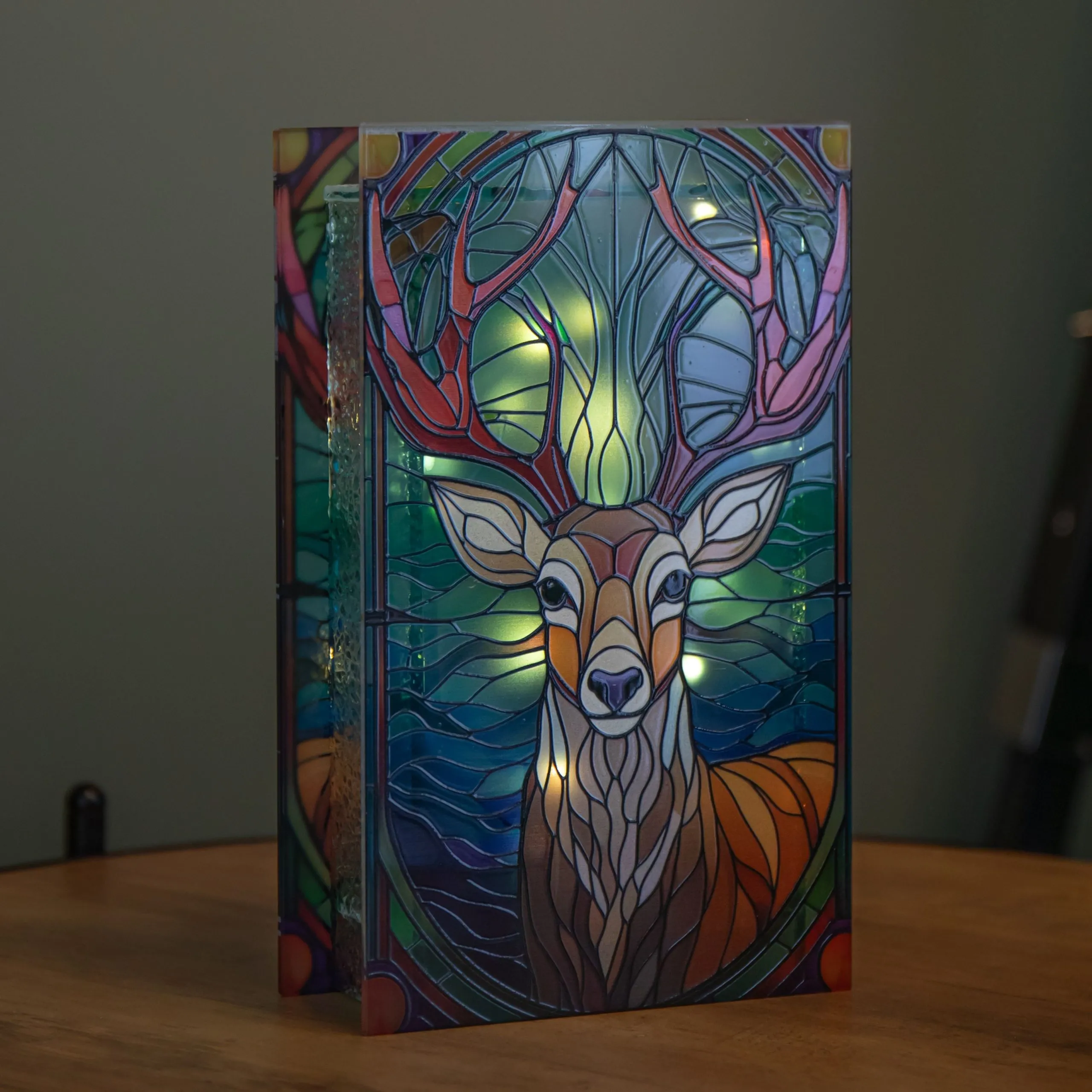 Light up Stained Glass Decoration with Stag Scene & Warm White LEDs