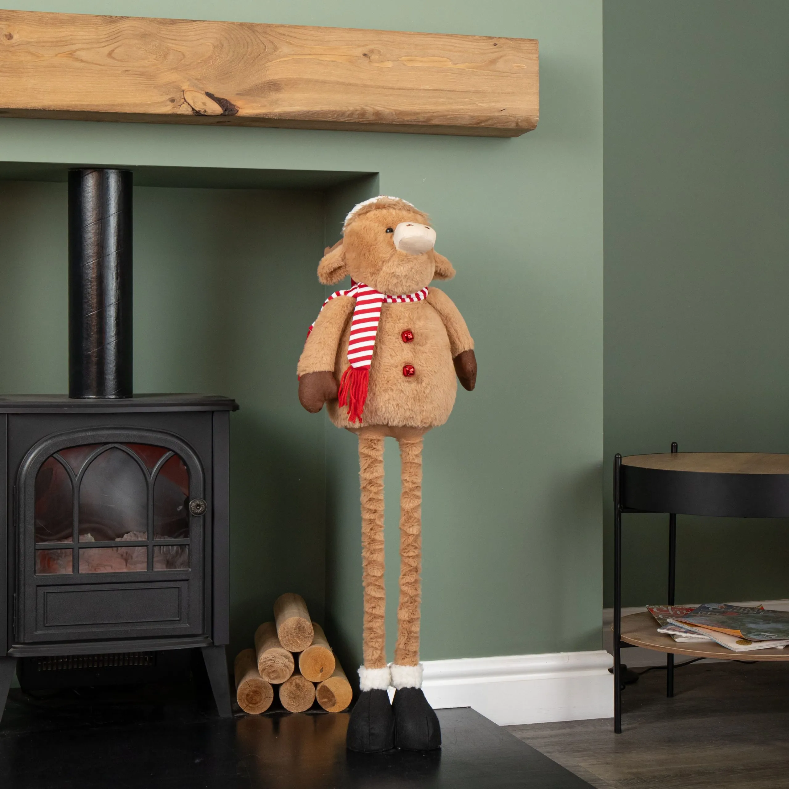 Tall Plush Standing Christmas Highland Boy Cow with Extendable Legs