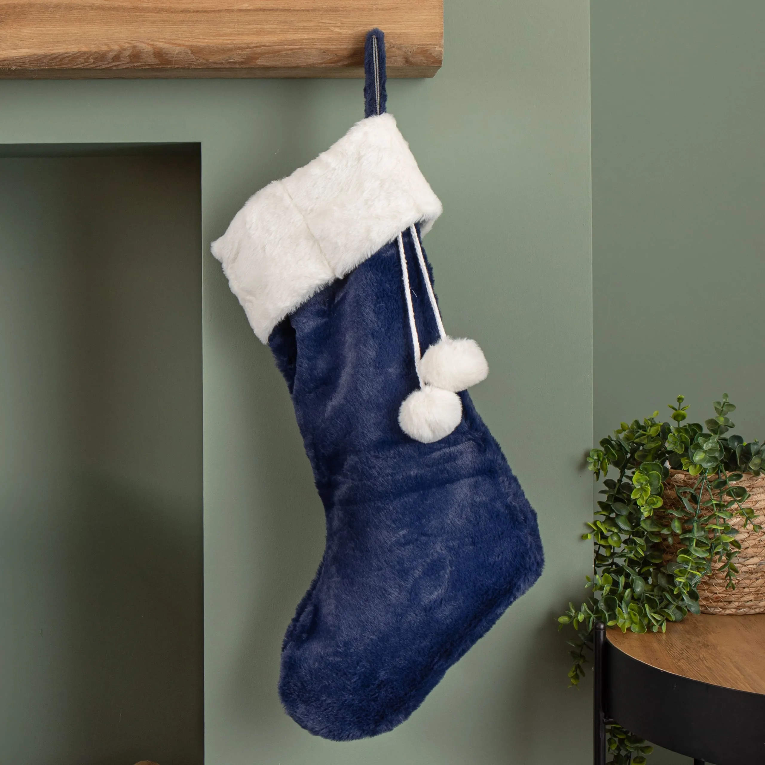 Blue Soft Plush Hanging Stocking with Faux Fur Trim and Pom Poms