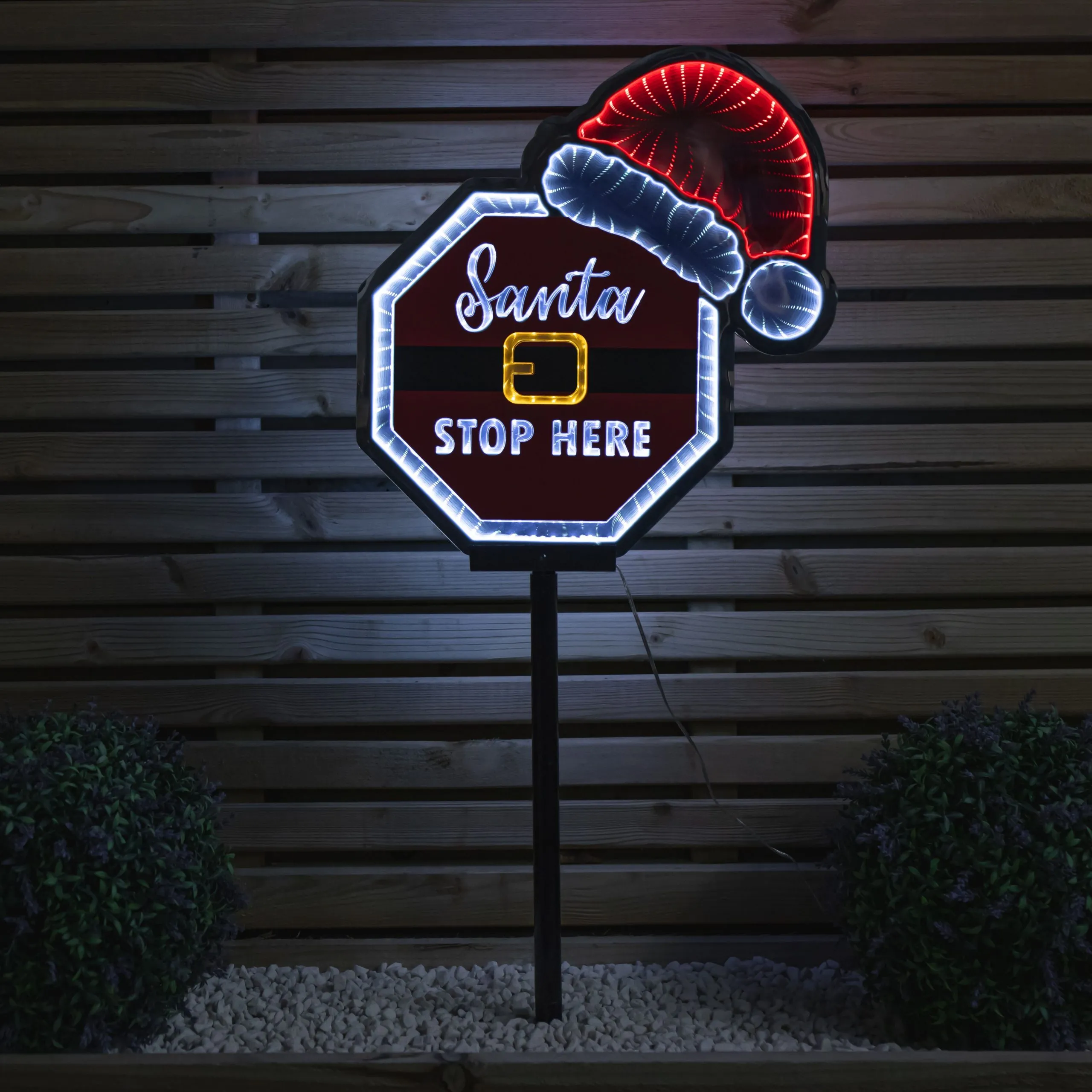 Light up Christmas Santa Stop Here Sign with Santa Hat & LEDs
