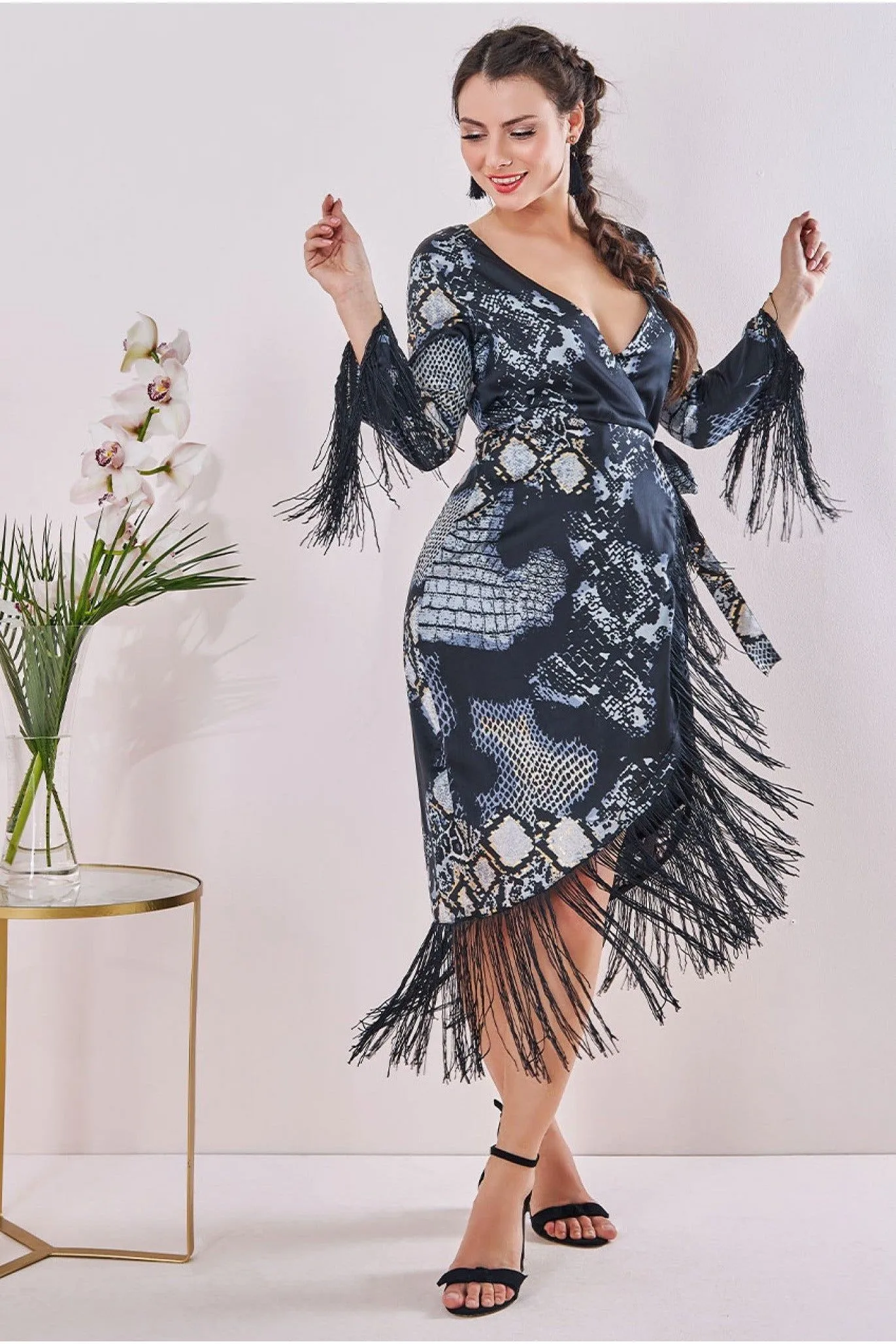 Maternity Tassel Foil Print Wrap Midi