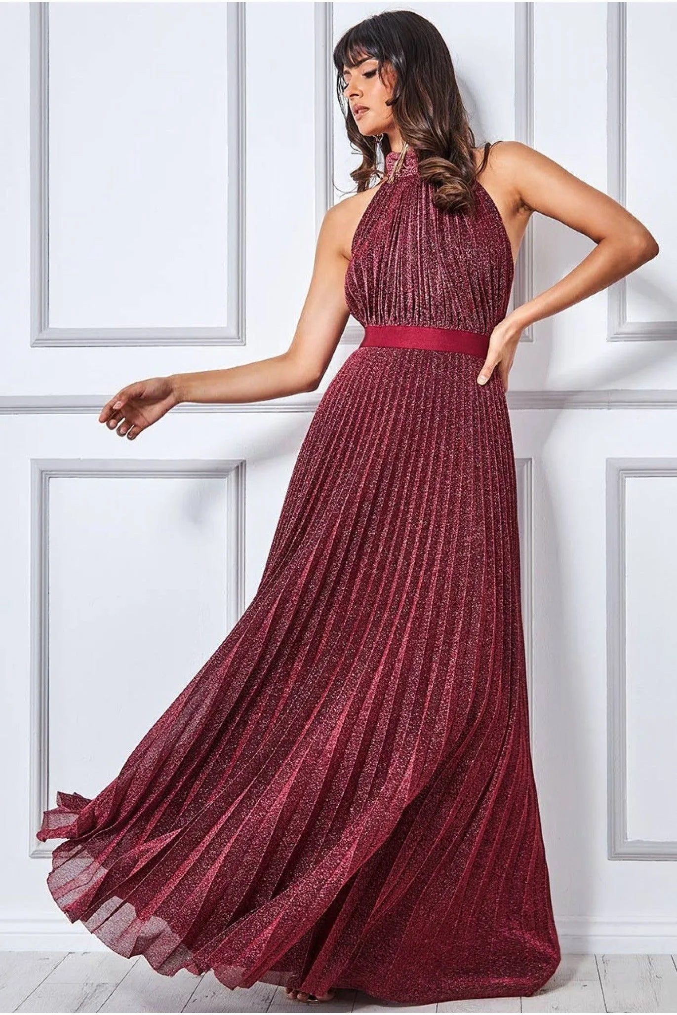 Lurex Halterneck Pleated Maxi Dress