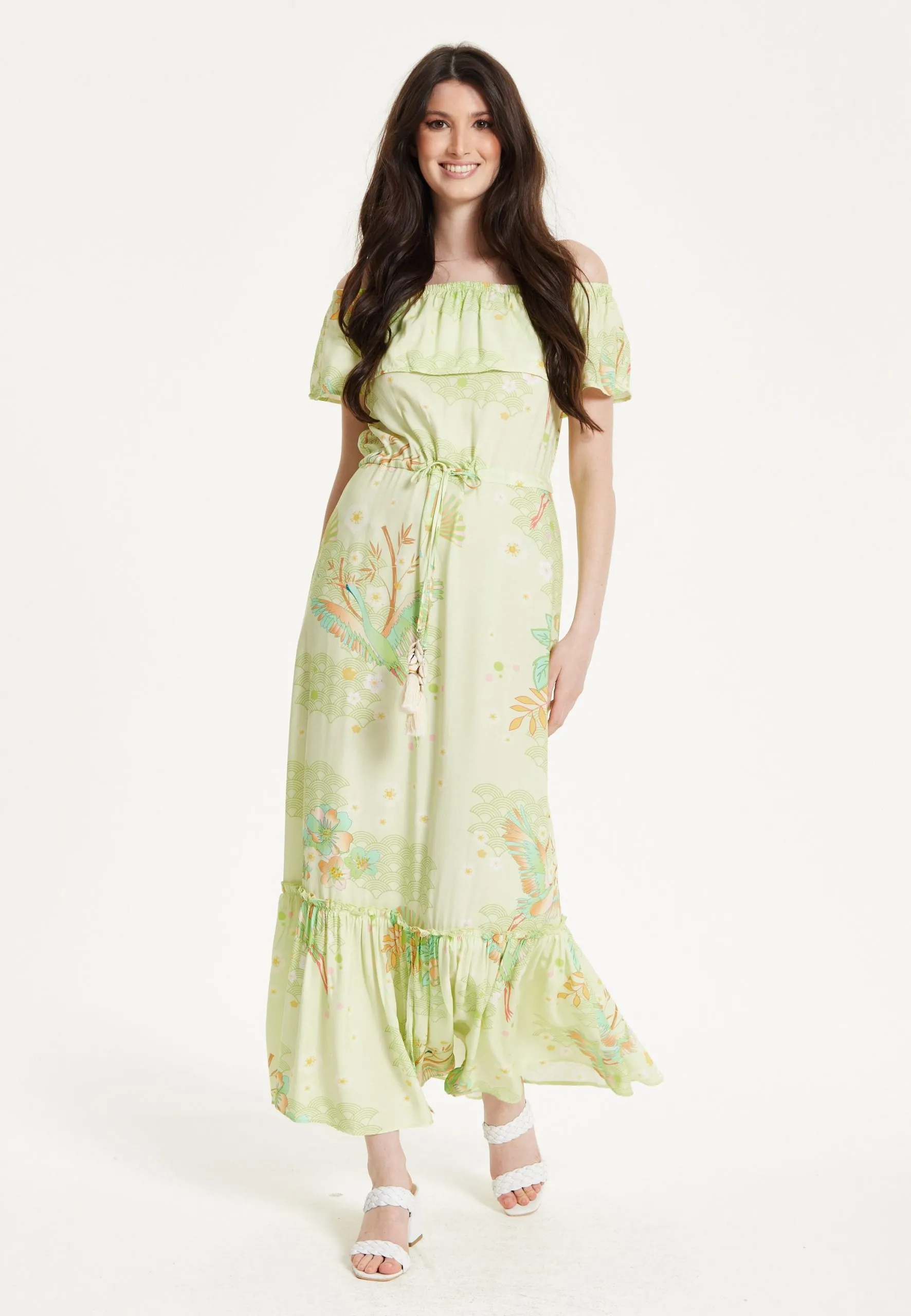 Floral and Bird Print Off Shoulder Maxi Dress in Sage Green