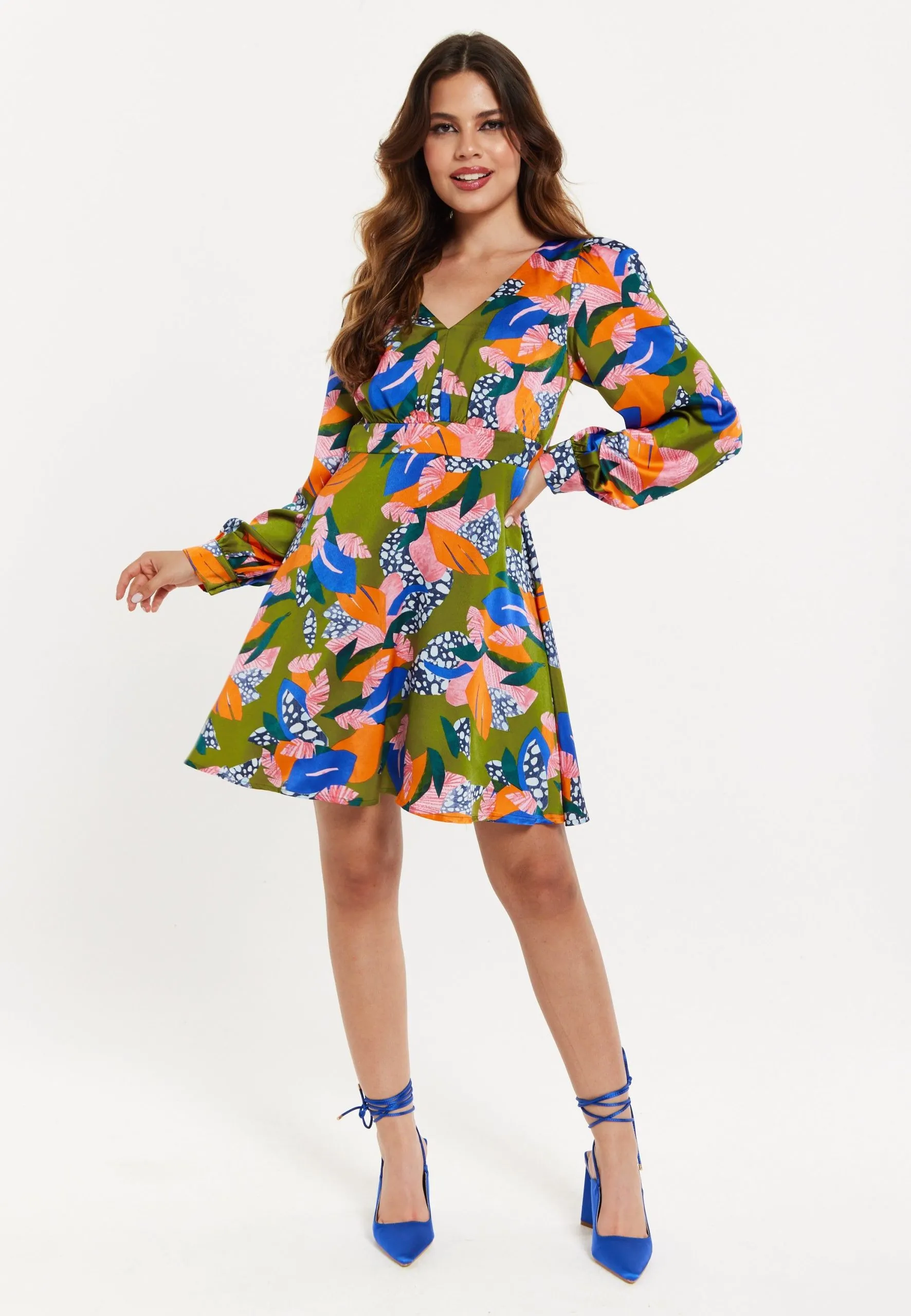 Abstract Leaf Print Mini Dress In Olive