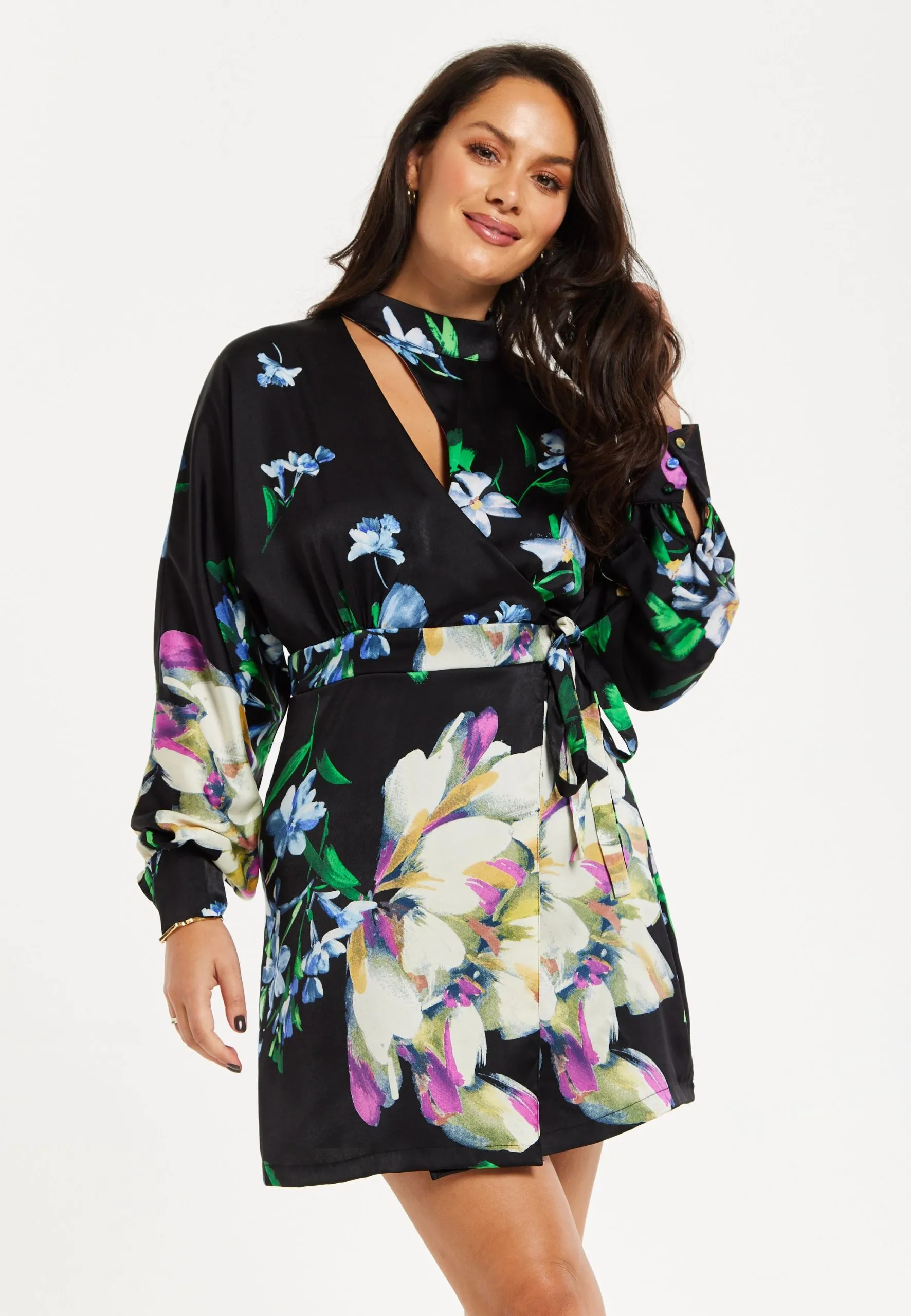 Elegant Floral Print Mini Wrap Dress With Cut Out Detail