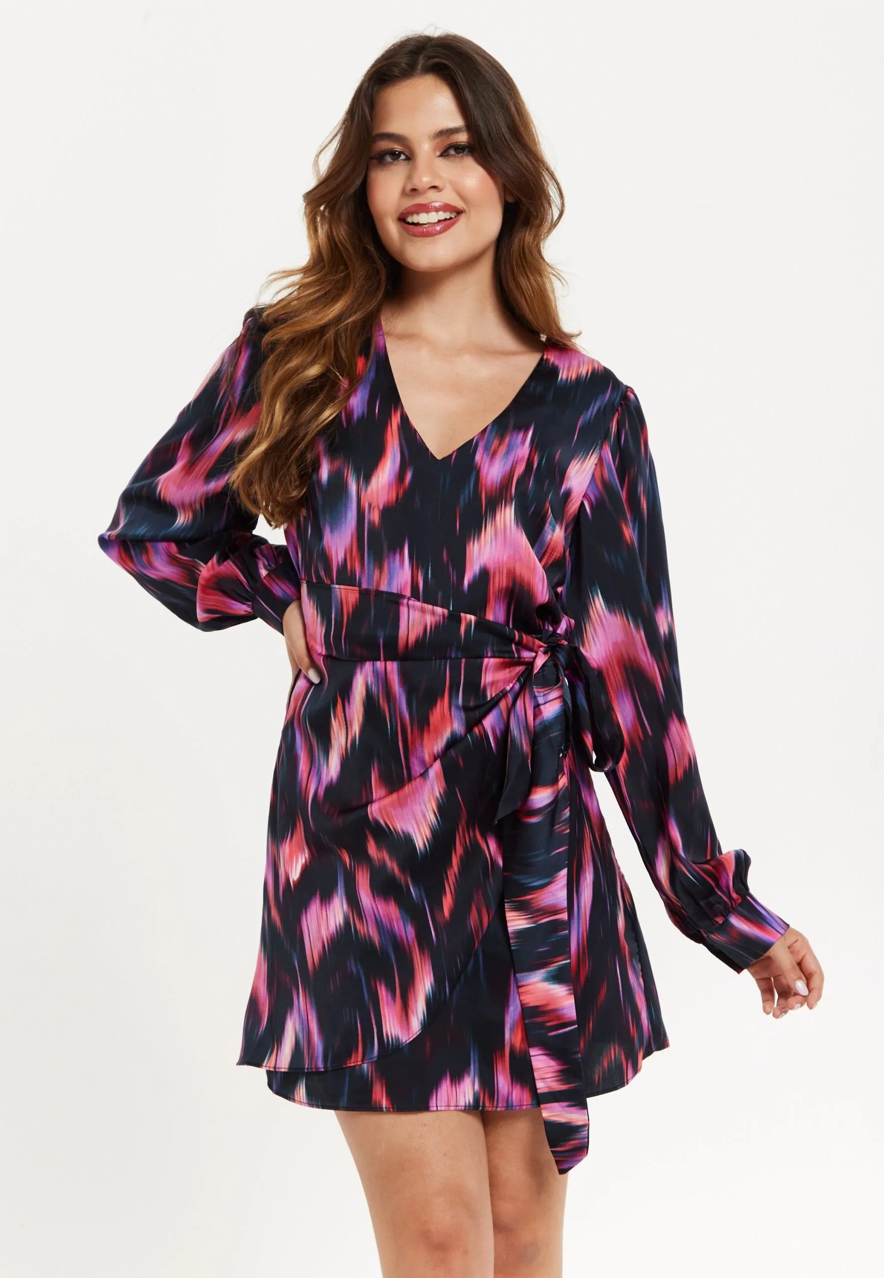 Abstract Print Mini Wrap Dress In Black