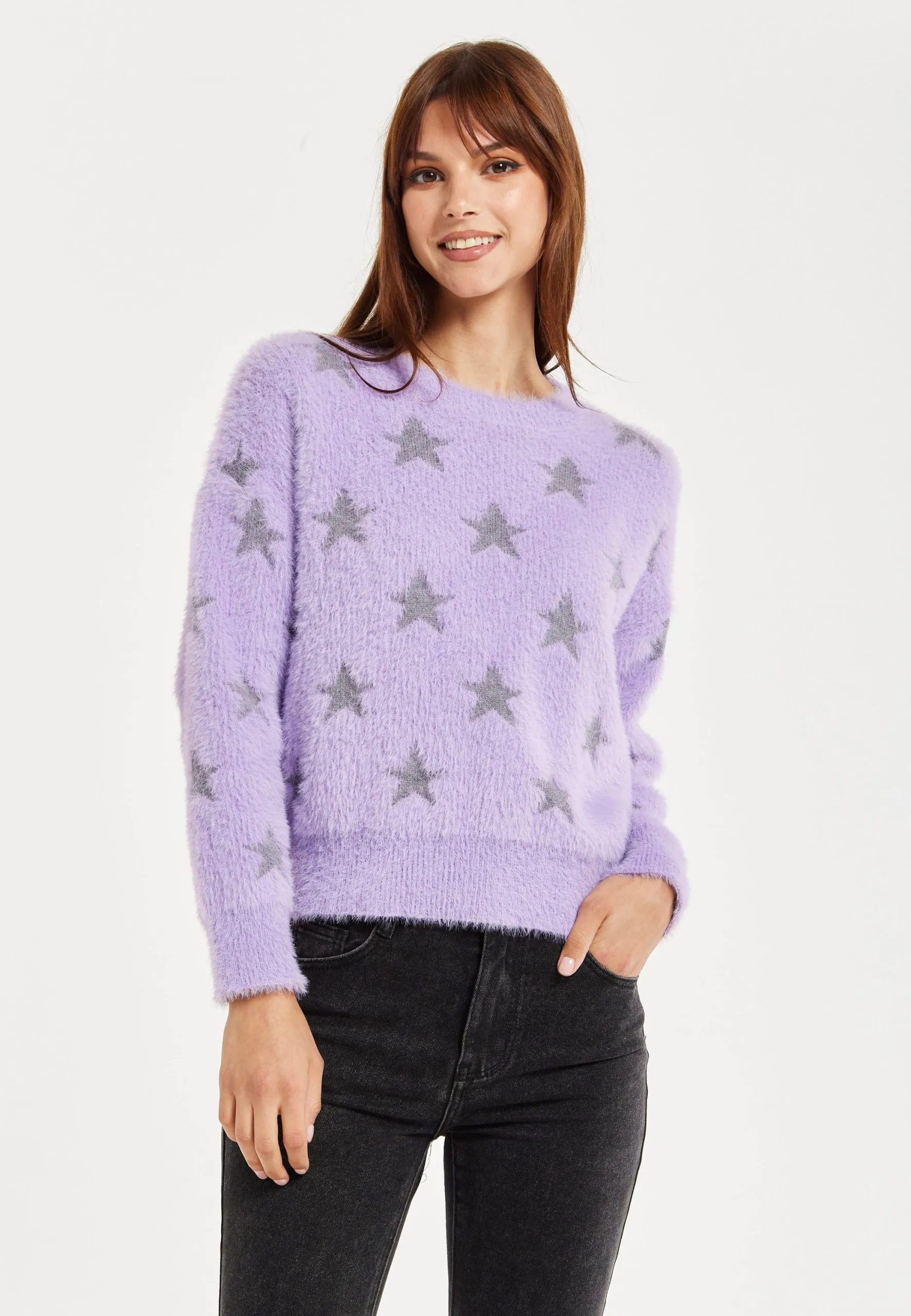Fluffy Grey Star Pattern Jumper In Lilac