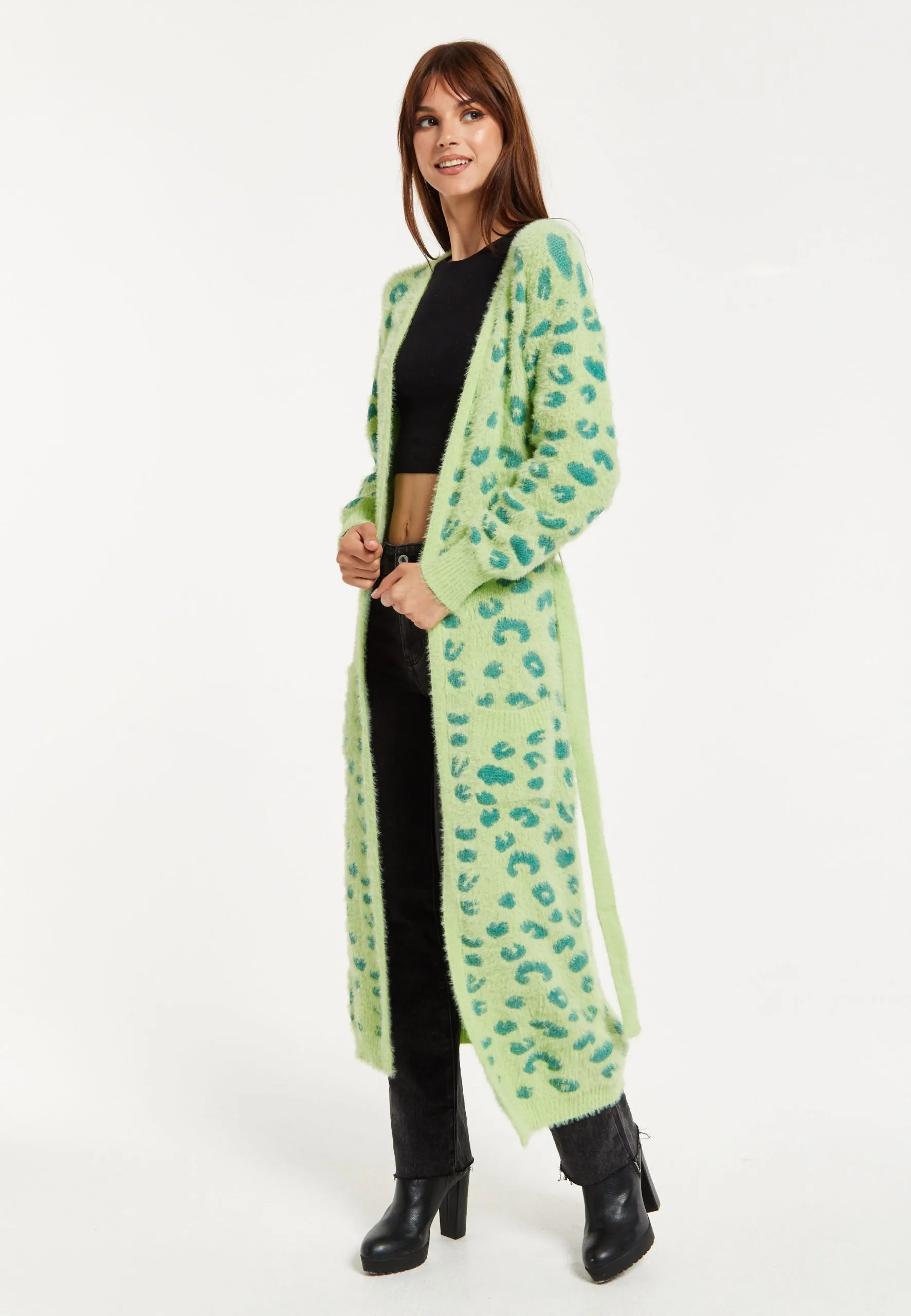 Fluffy Longline Cardigan In Green Animal Print