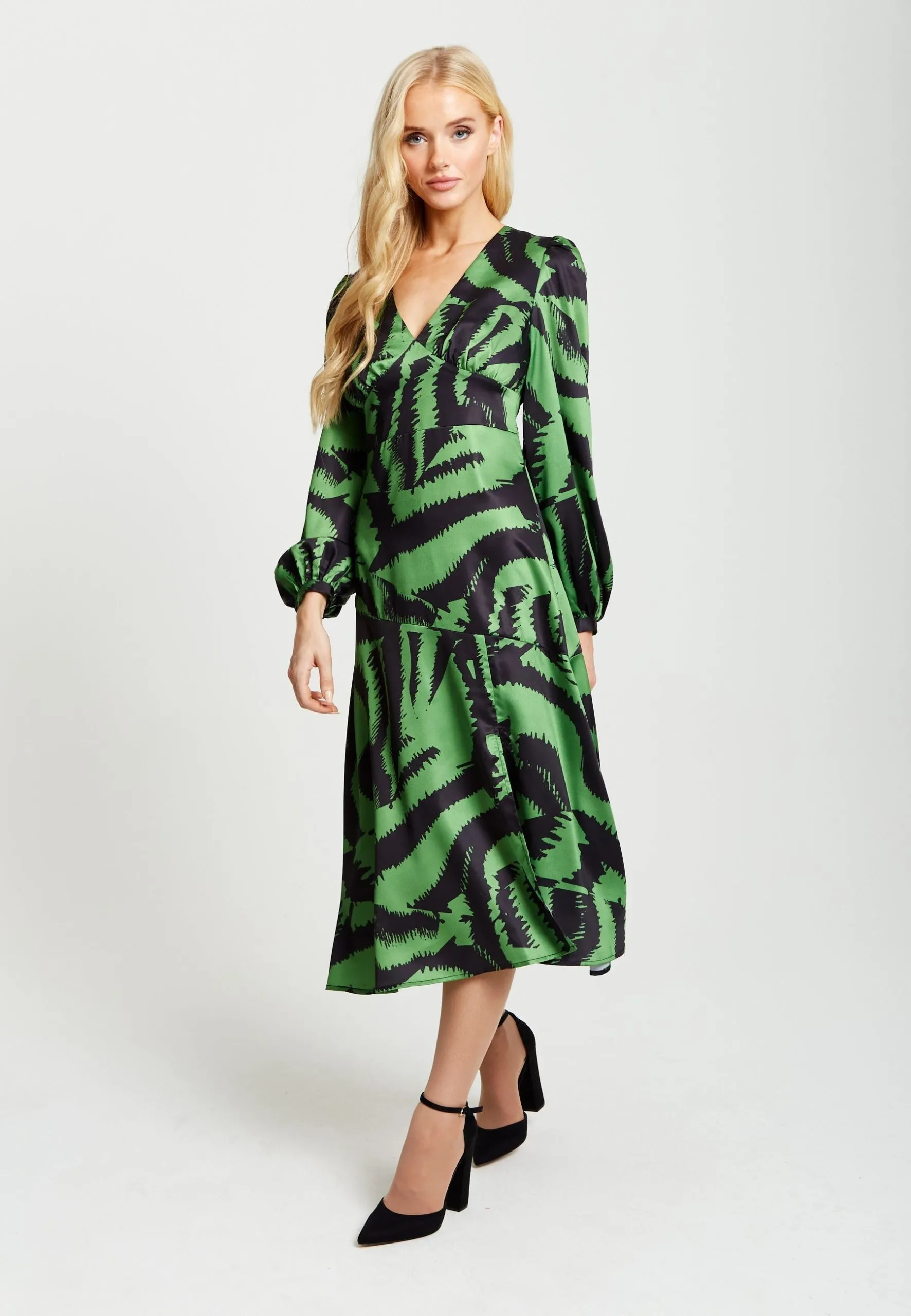 Zebra Print Midi Dress In Green And Black