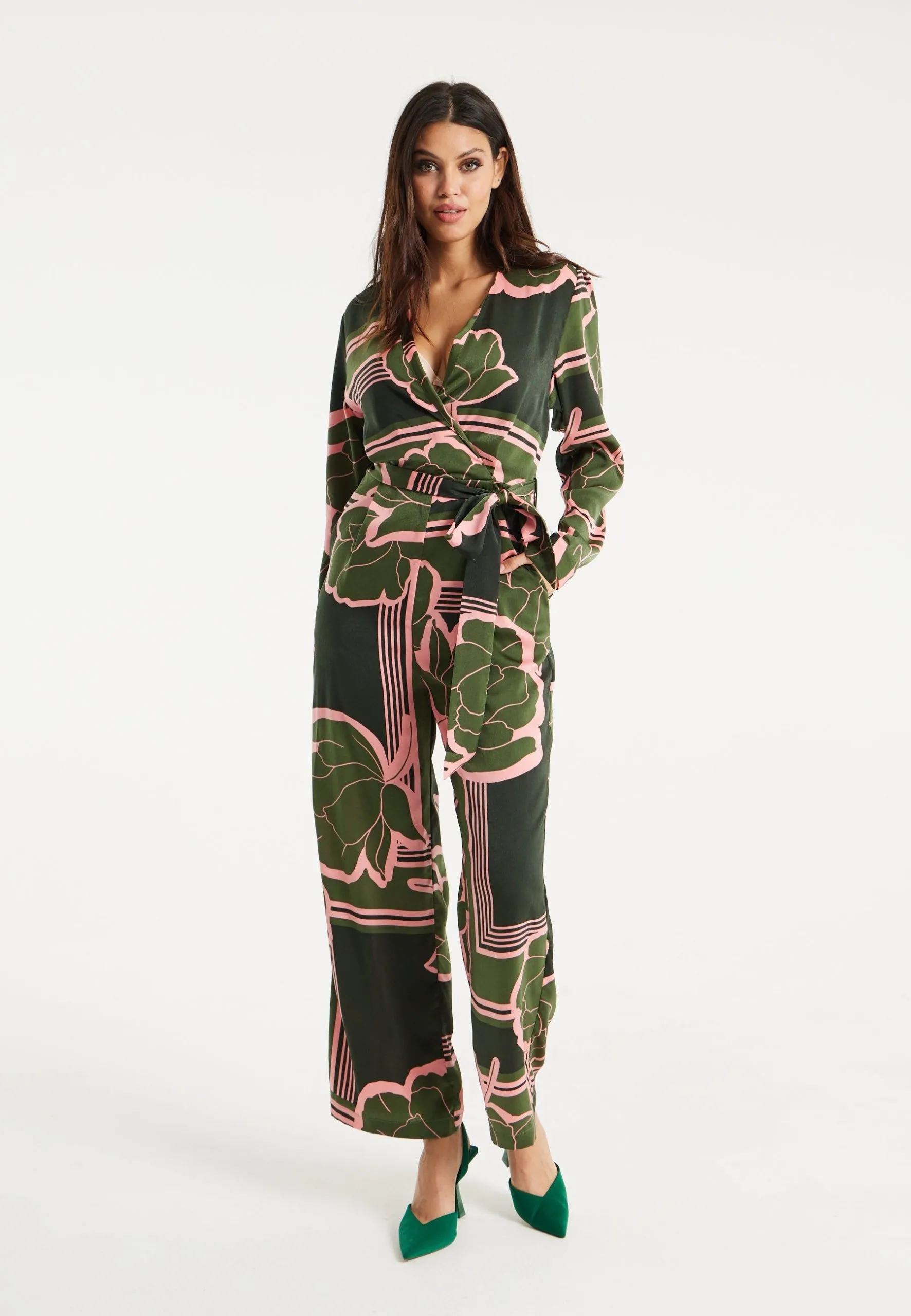 Geometric Floral Print Jumpsuit In Dark Green