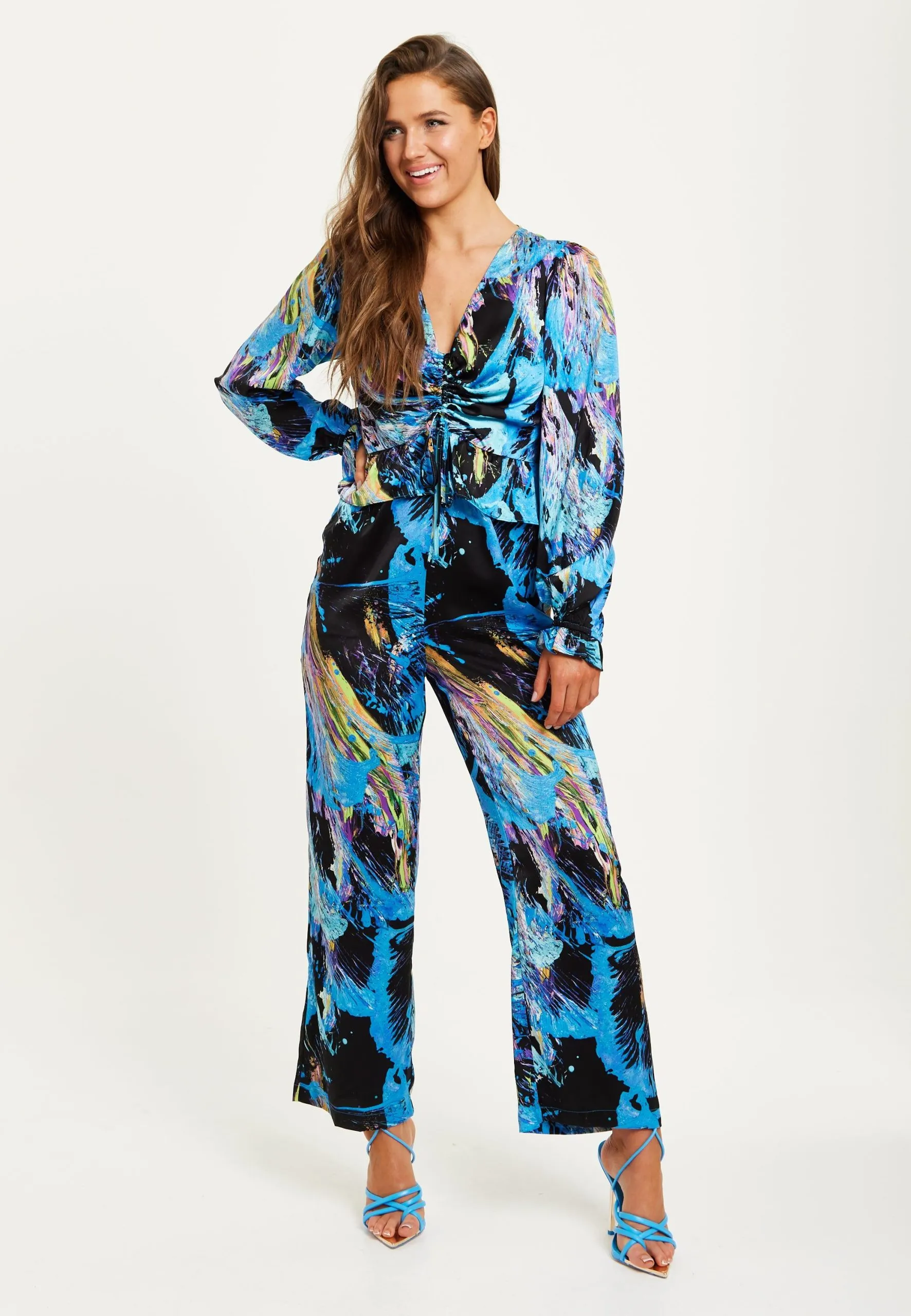 Multicolour Abstract Print Jumpsuit With Ruched Front And Long Sleeves