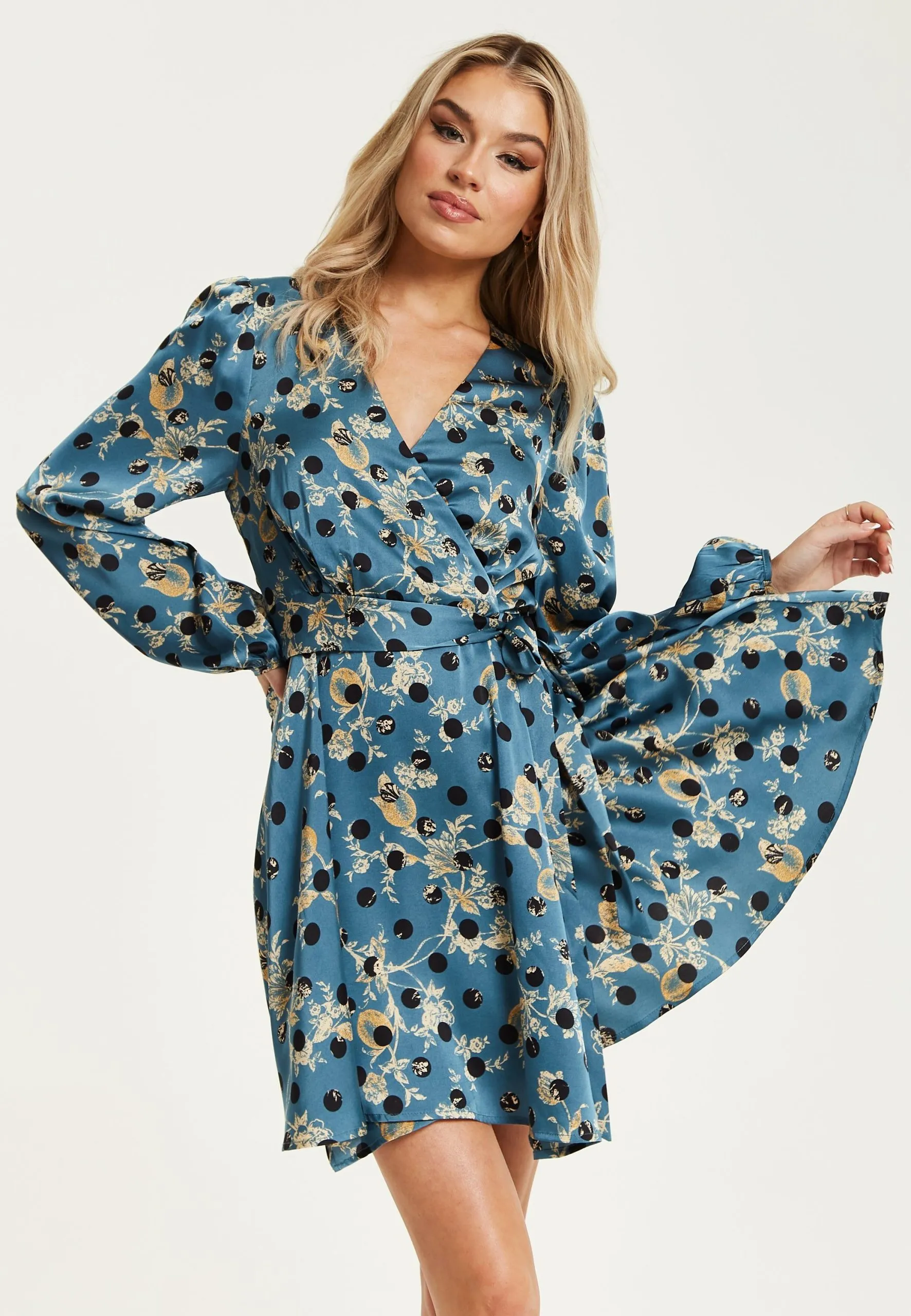 Gold Floral And Black Polka Dot Print Mini Wrap Dress With Long Sleeves In Petrol Blue