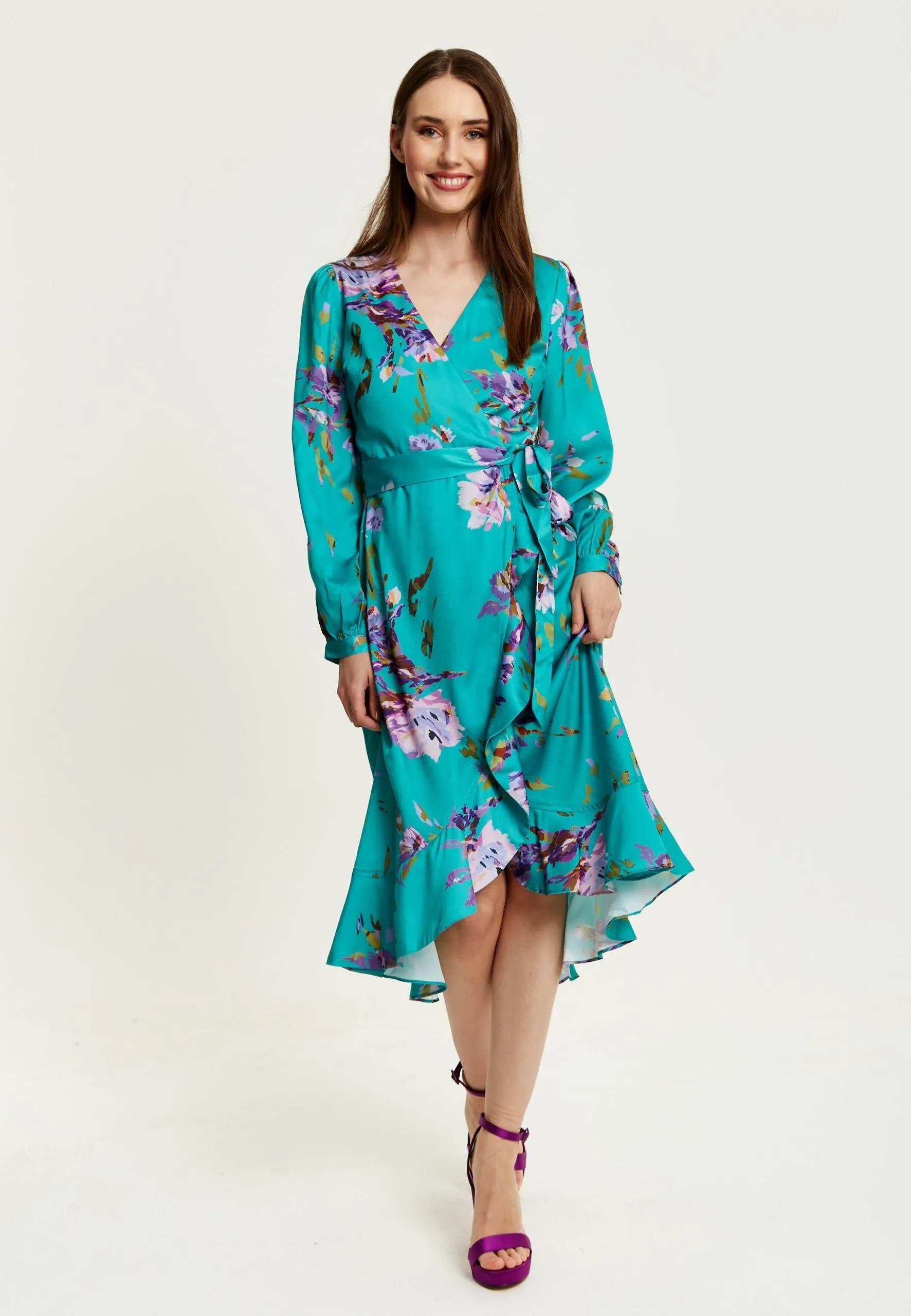 Green Floral Print Midi Wrap Dress